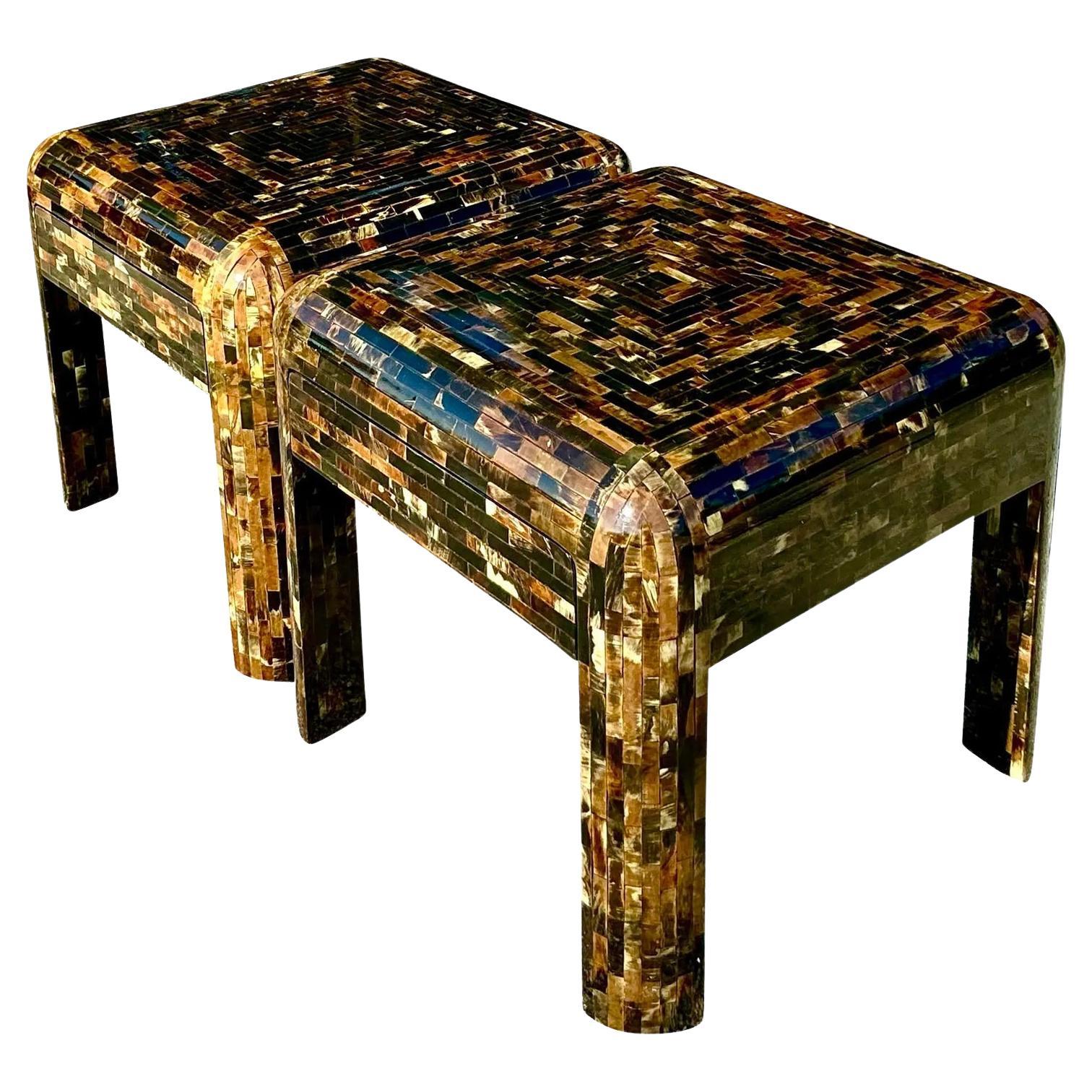 Mesillas de noche vintage boho de cuerno teselado - un par