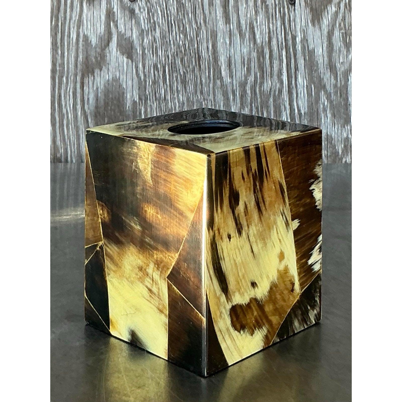 Vintage Boho Tessellated Horn Tissue Box Cover In Good Condition For Sale In West Palm Beach, FL
