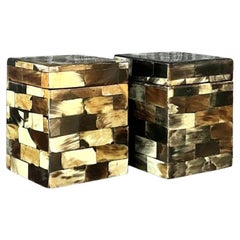 Vintage Boho Tessellated Horn Trinket Boxes - A Pair
