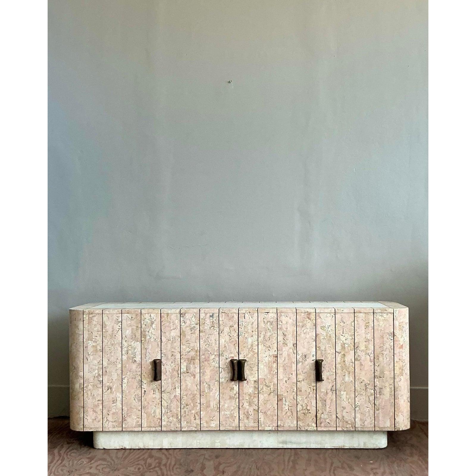 Art Deco Vintage Boho Tessellated Rose Travertine and Brass Inlay Credenza For Sale