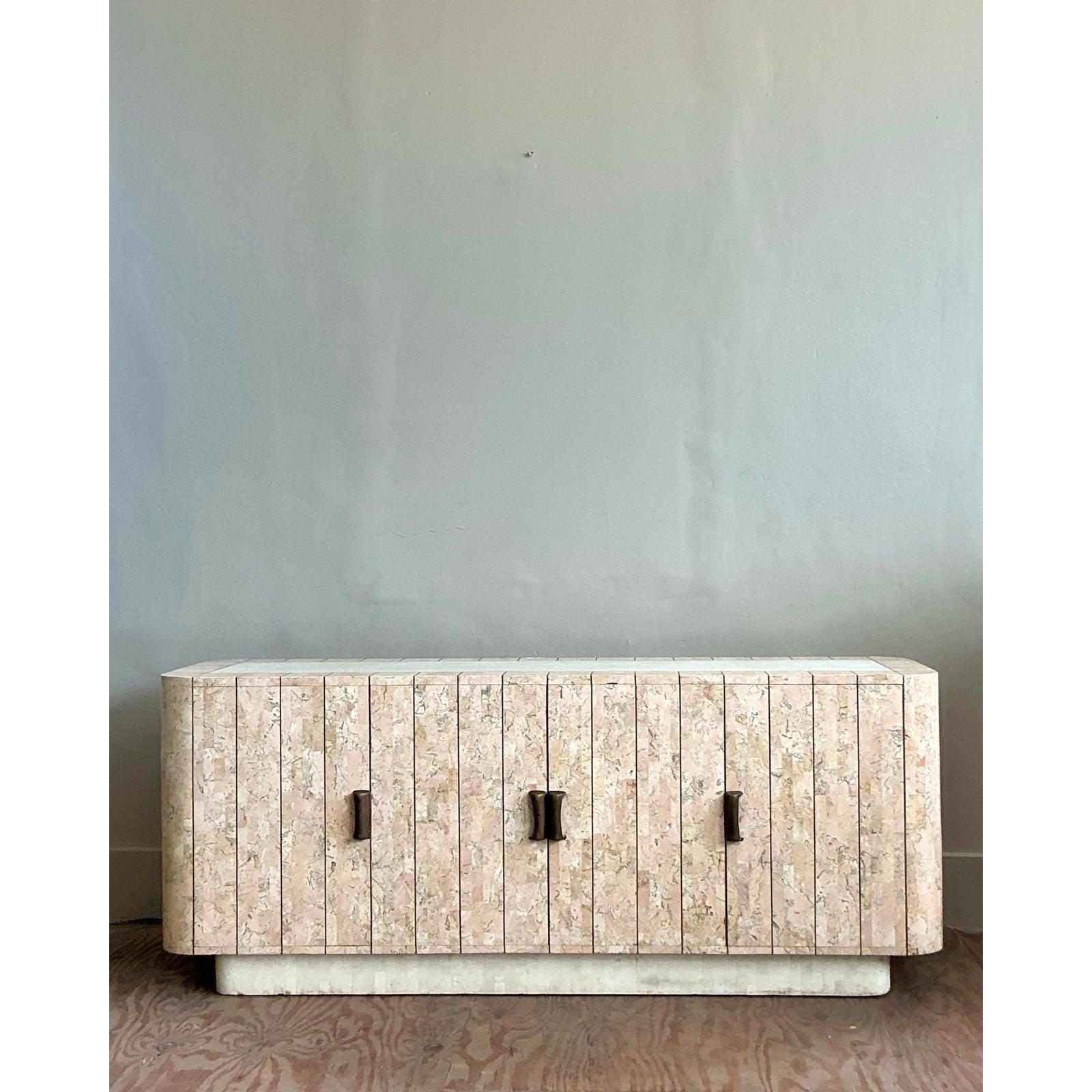 Italian Vintage Boho Tessellated Rose Travertine and Brass Inlay Credenza For Sale