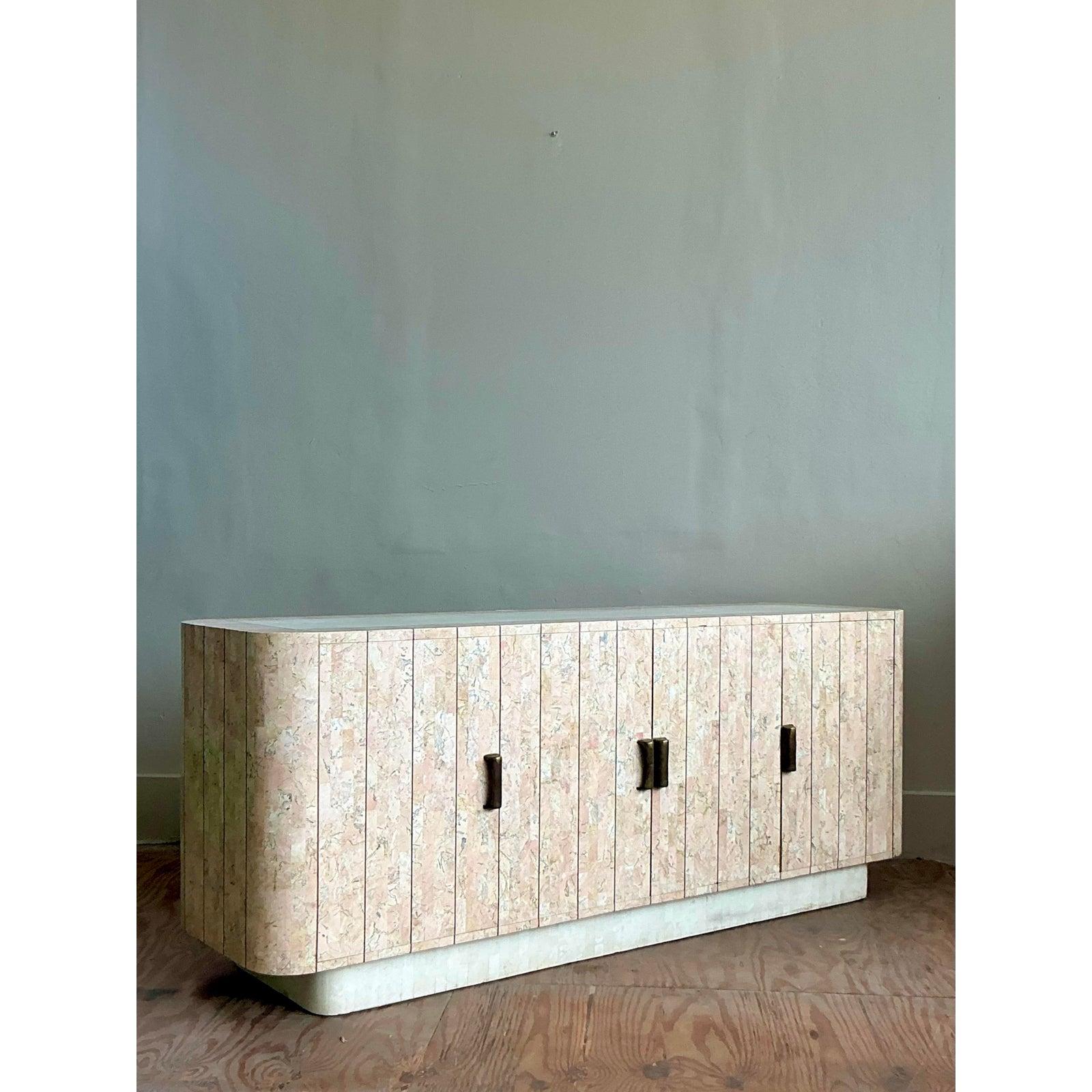 Vintage Boho Tessellated Rose Travertine and Brass Inlay Credenza In Good Condition For Sale In West Palm Beach, FL