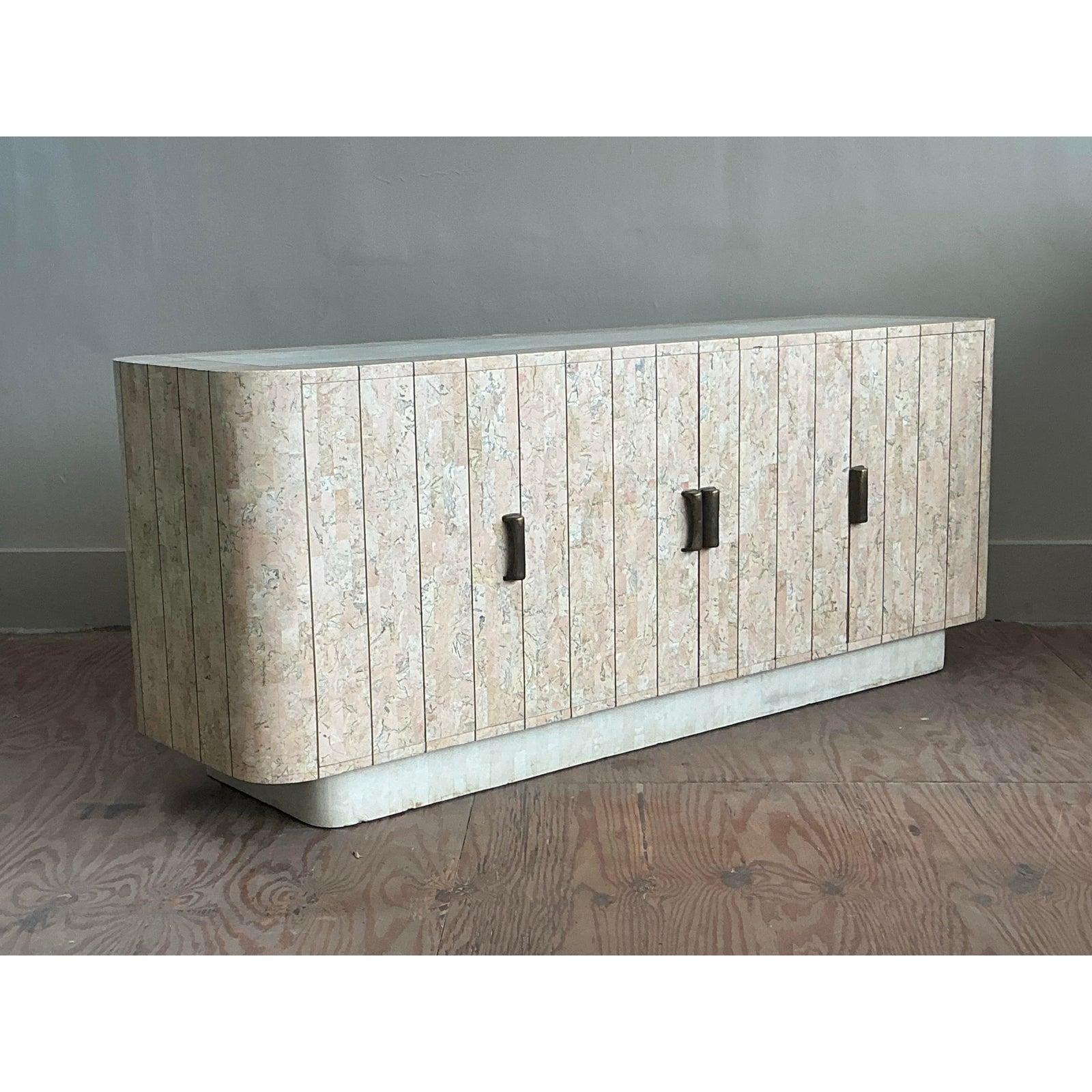 20th Century Vintage Boho Tessellated Rose Travertine and Brass Inlay Credenza For Sale