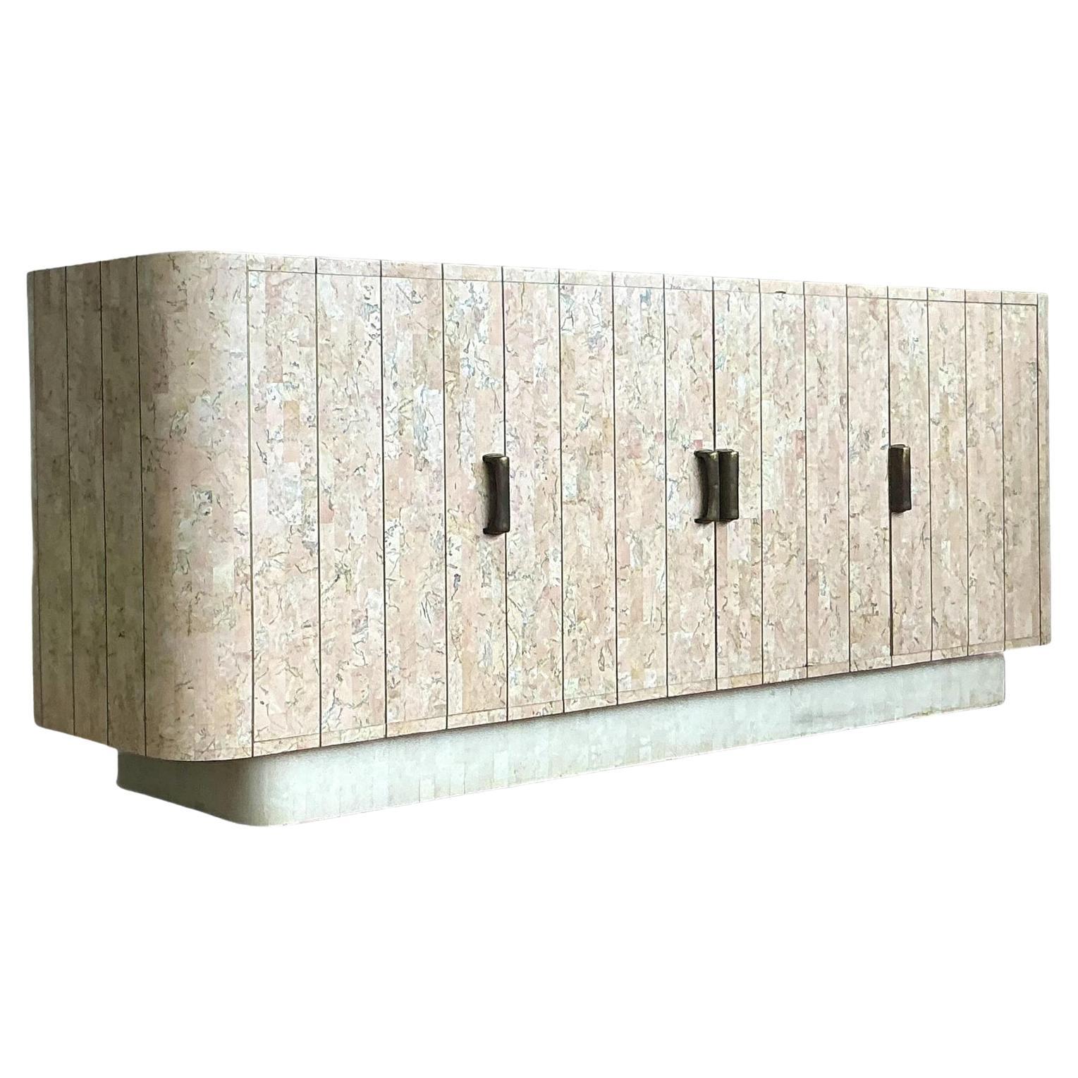 Vintage Boho Tessellated Rose Travertine and Brass Inlay Credenza For Sale
