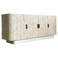 Vintage Boho Tessellated Rose Travertine and Brass Inlay Credenza