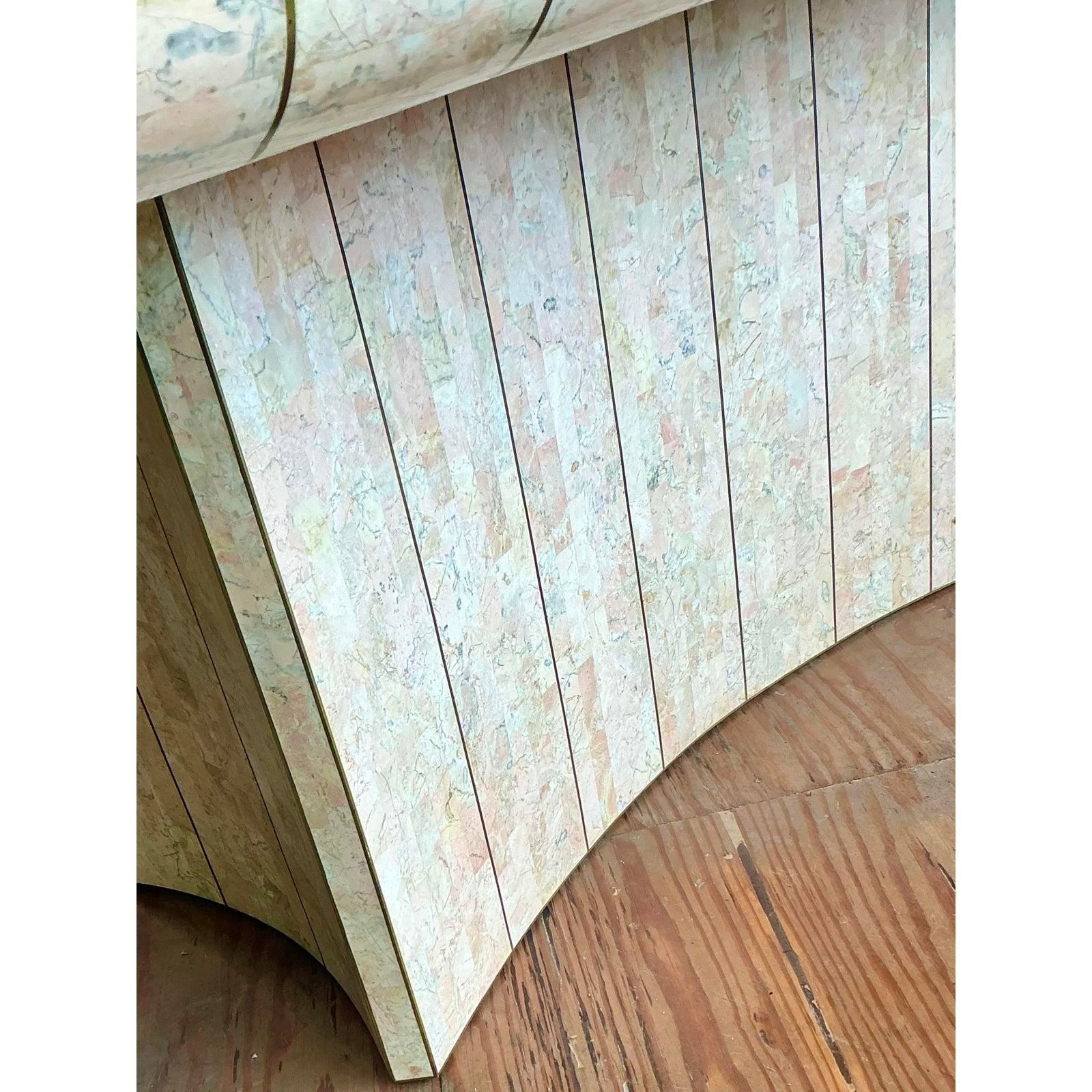 Vintage Boho Tessellated Rose Travertine and Brass Inlay Dining Table For Sale 4