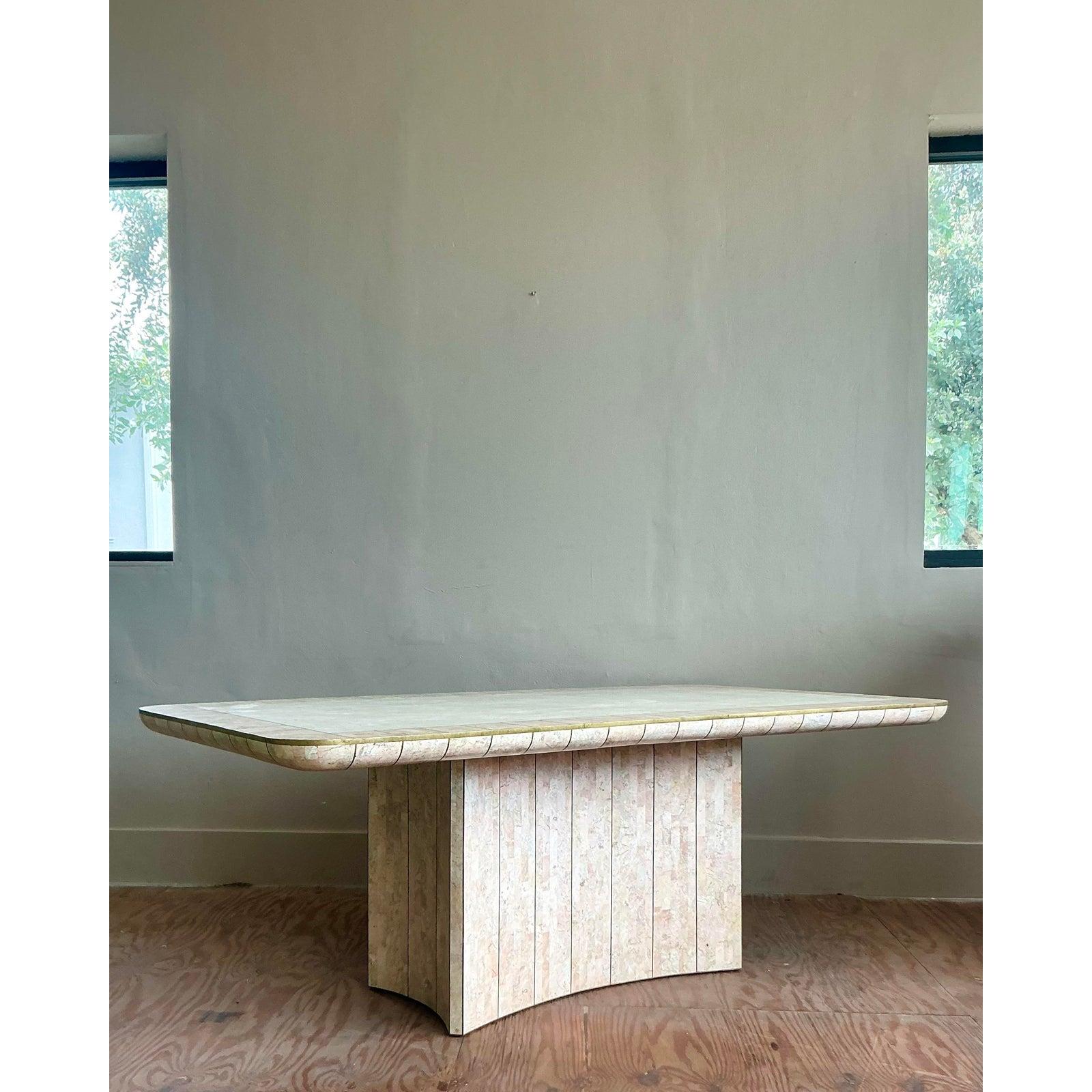 Vintage Boho Tessellated Rose Travertine and Brass Inlay Dining Table For Sale 5