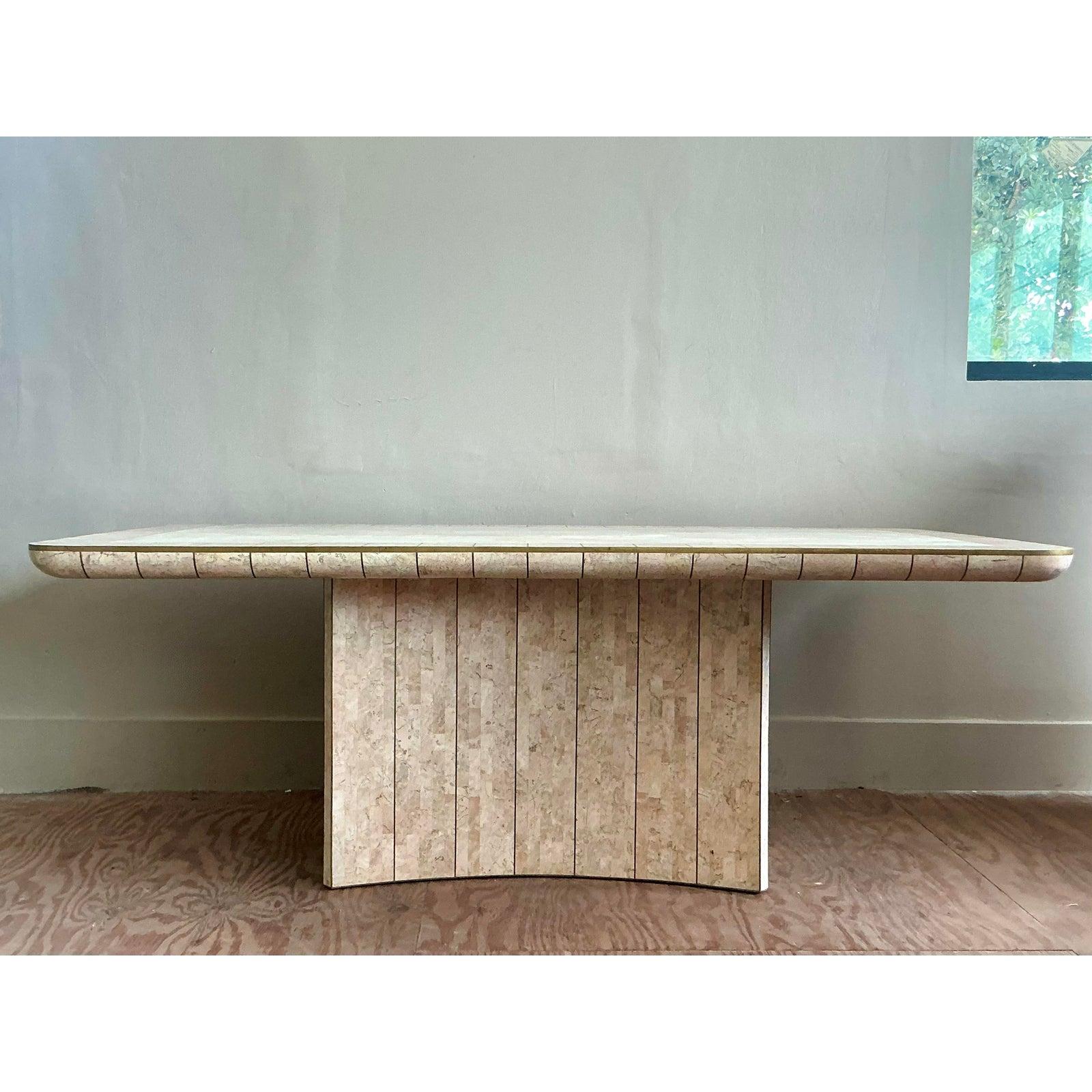 Vintage Boho Tessellated Rose Travertine and Brass Inlay Dining Table For Sale 6