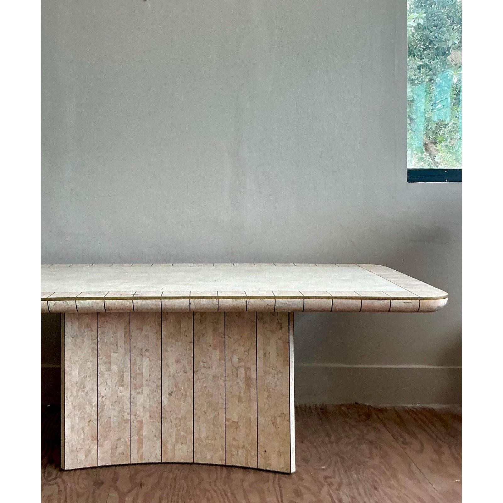 Post-Modern Vintage Boho Tessellated Rose Travertine and Brass Inlay Dining Table For Sale