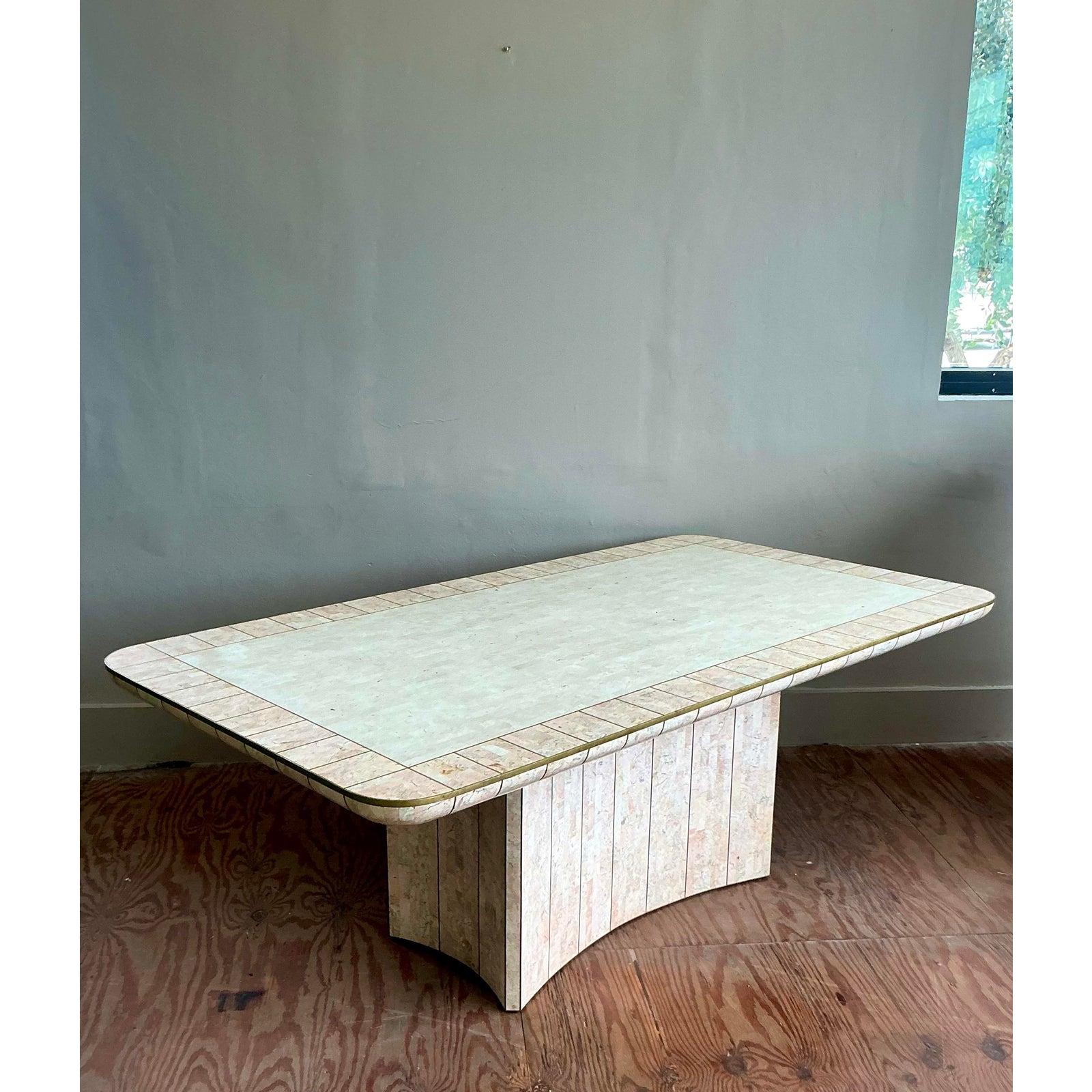 Italian Vintage Boho Tessellated Rose Travertine and Brass Inlay Dining Table For Sale