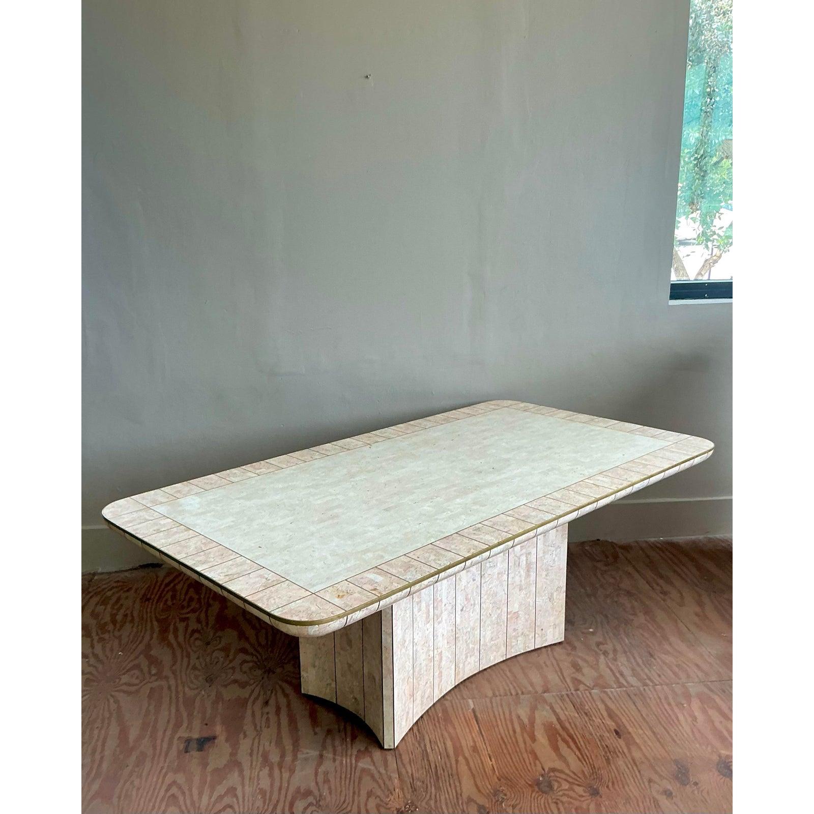 20th Century Vintage Boho Tessellated Rose Travertine and Brass Inlay Dining Table For Sale