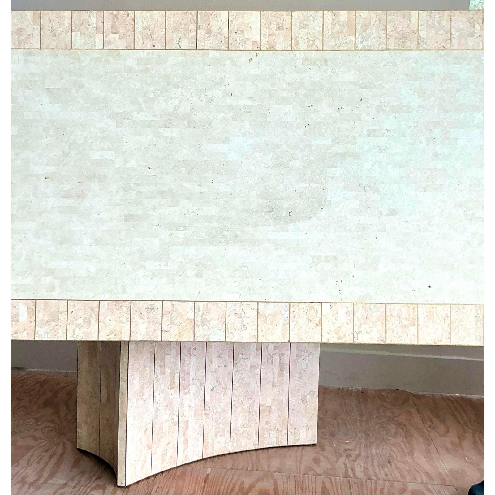 Vintage Boho Tessellated Rose Travertine and Brass Inlay Dining Table For Sale 1