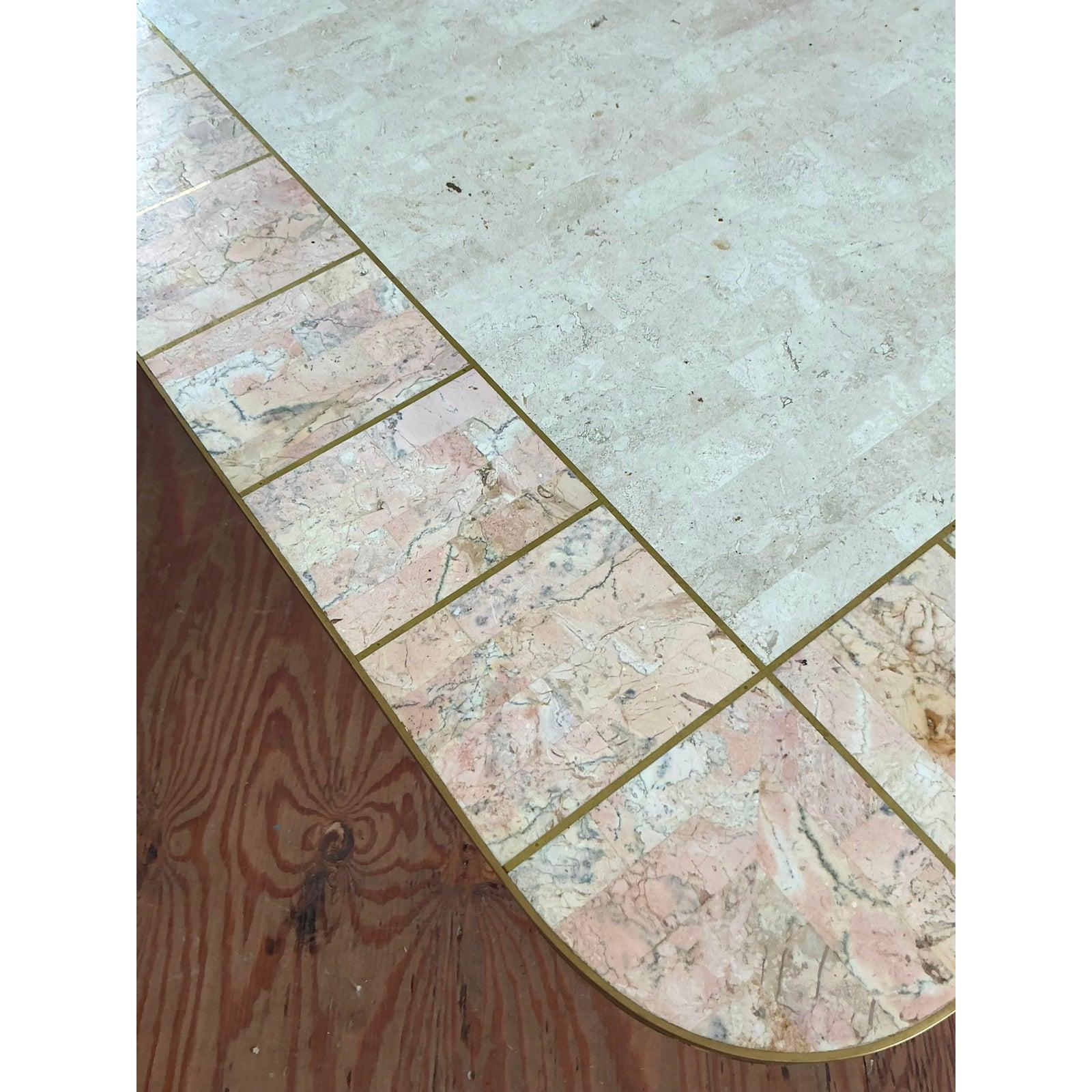 Vintage Boho Tessellated Rose Travertine and Brass Inlay Dining Table For Sale 2