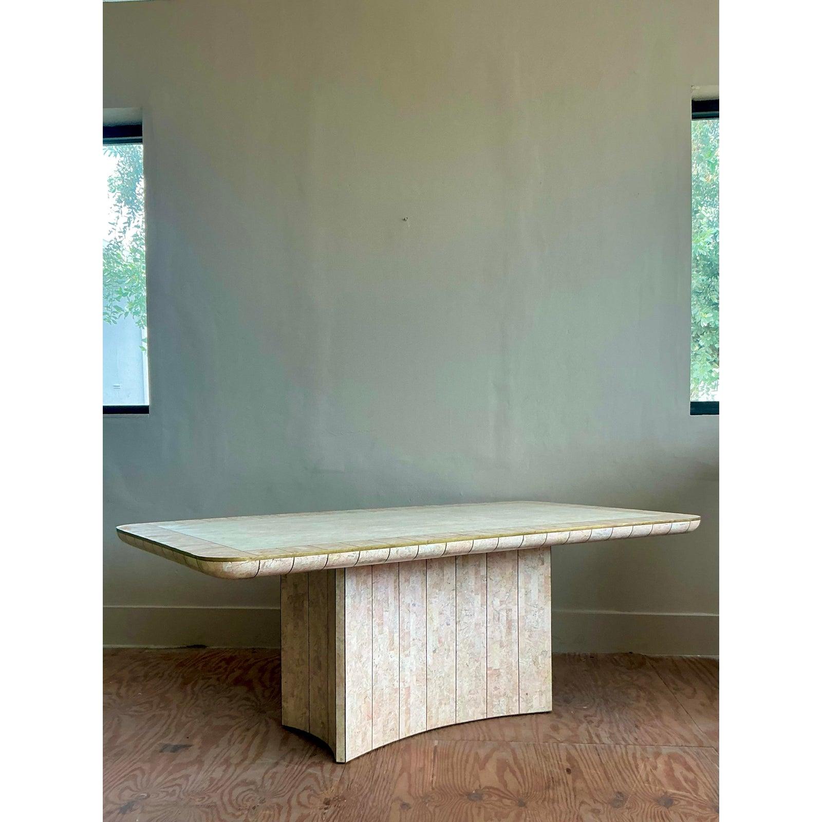 Vintage Boho Tessellated Rose Travertine and Brass Inlay Dining Table For Sale 3
