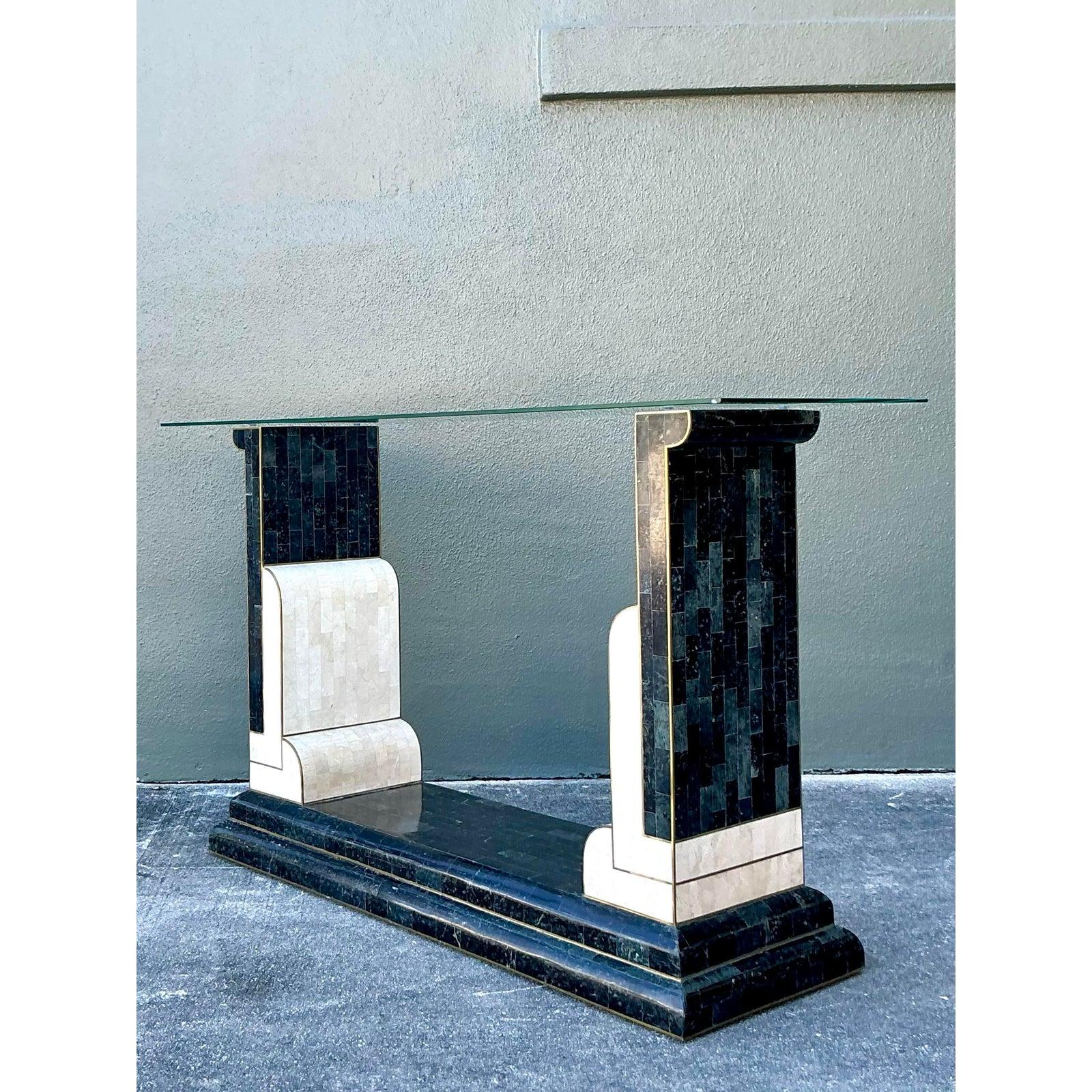 Art Deco Vintage Boho Tessellated Stone and Brass Inlay Console Table For Sale