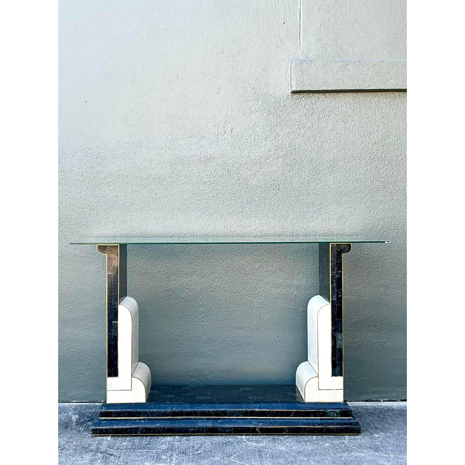 Philippine Vintage Boho Tessellated Stone and Brass Inlay Console Table For Sale