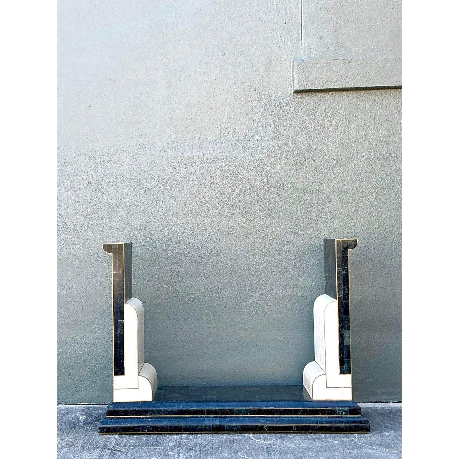 20th Century Vintage Boho Tessellated Stone and Brass Inlay Console Table For Sale