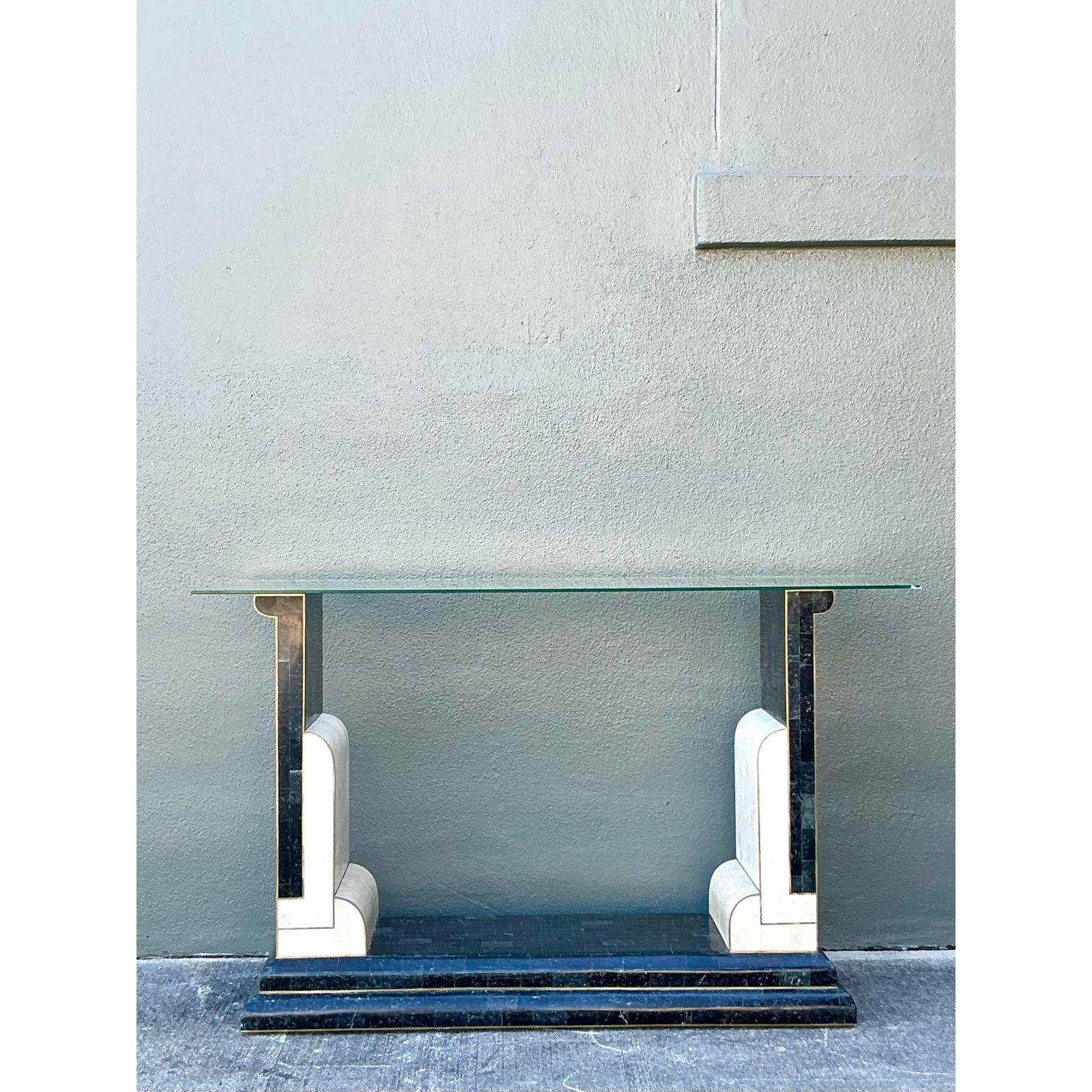 Vintage Boho Tessellated Stone and Brass Inlay Console Table For Sale 1