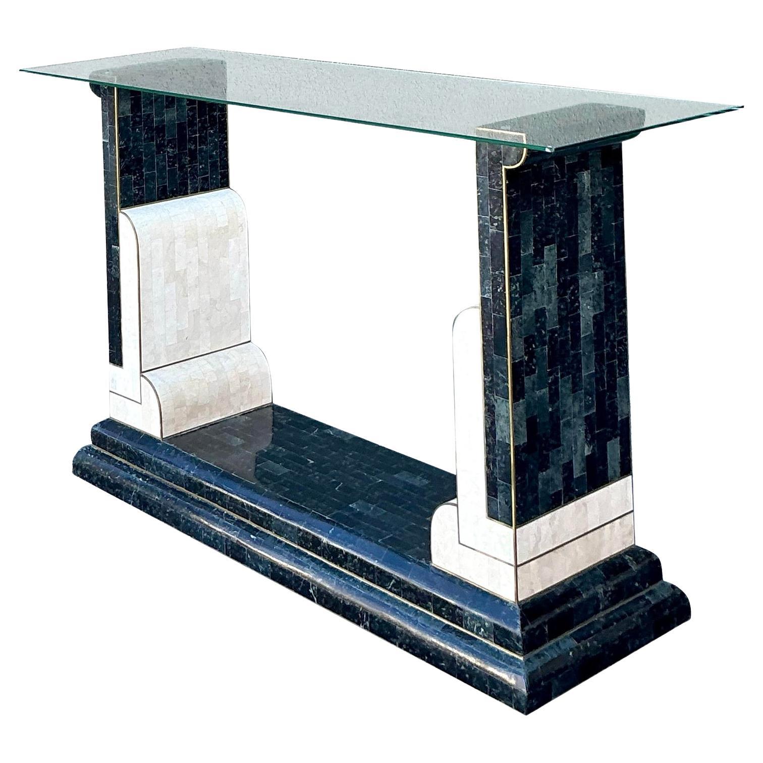 Vintage Boho Tessellated Stone and Brass Inlay Console Table For Sale