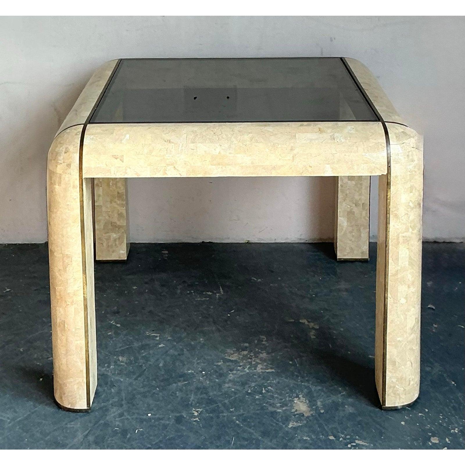 Philippine Vintage Boho Tessellated Stone and Brass Inlay Game Table For Sale