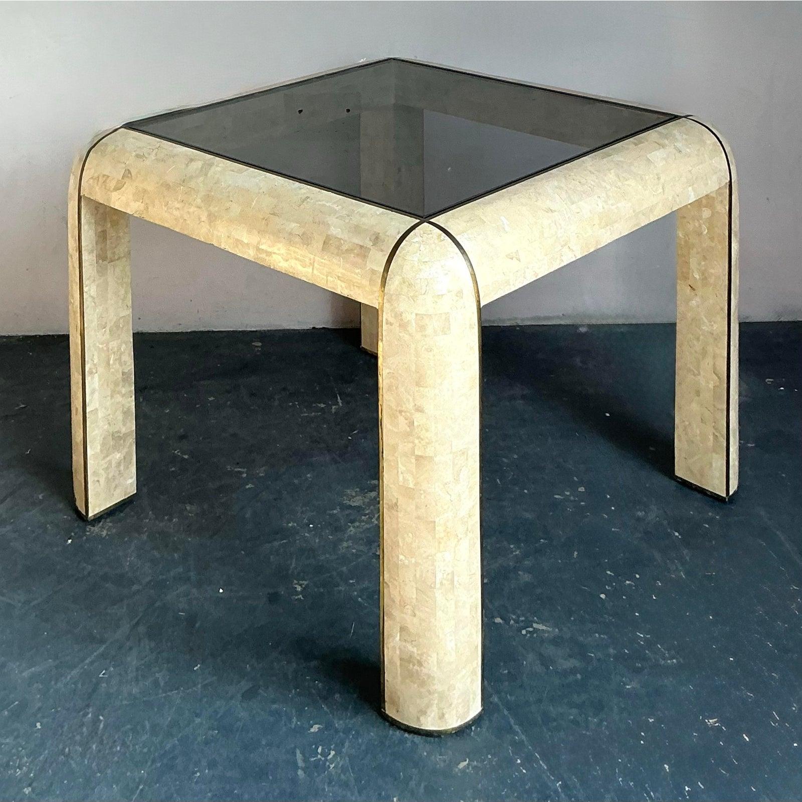 Vintage Boho Tessellated Stone and Brass Inlay Game Table In Good Condition For Sale In West Palm Beach, FL