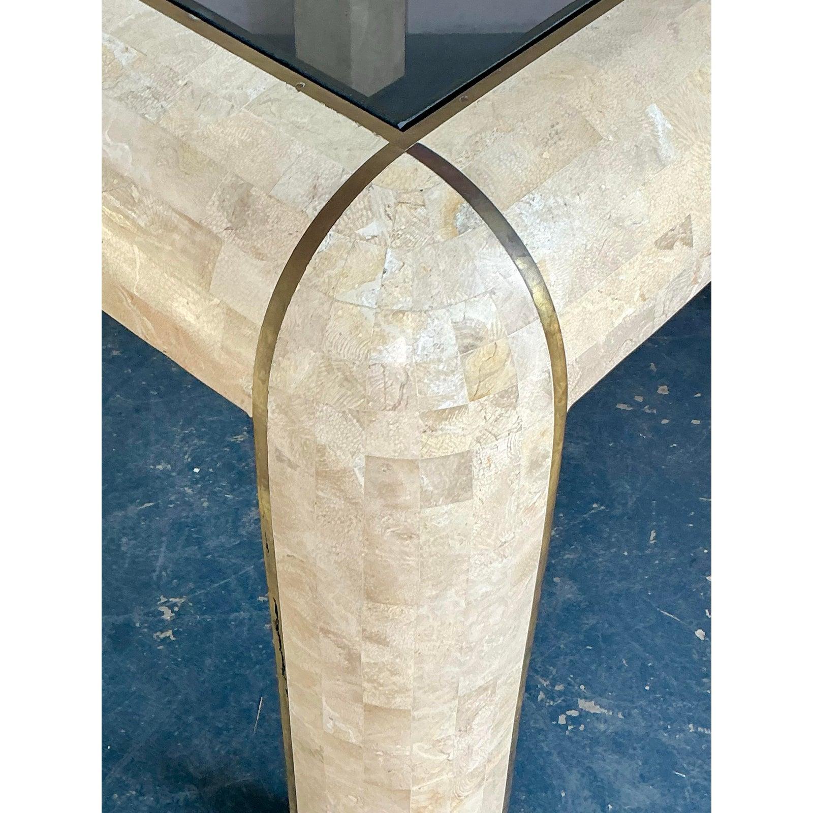 Vintage Boho Tessellated Stone and Brass Inlay Game Table For Sale 1