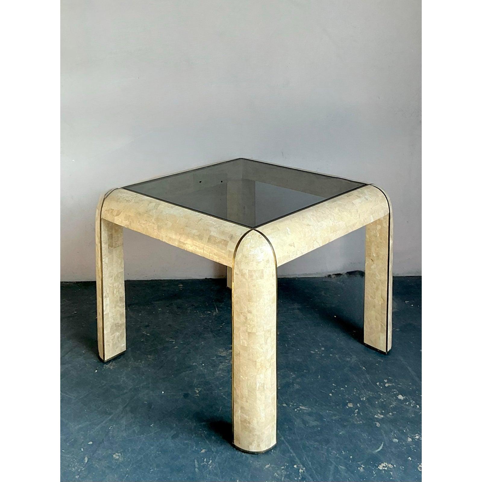 Vintage Boho Tessellated Stone and Brass Inlay Game Table For Sale 2