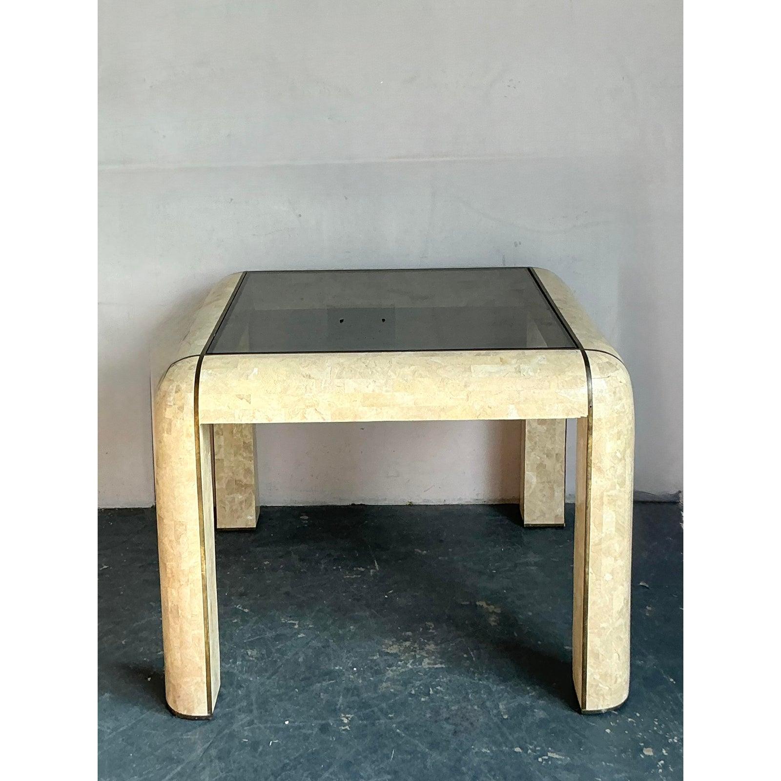 Vintage Boho Tessellated Stone and Brass Inlay Game Table For Sale 3