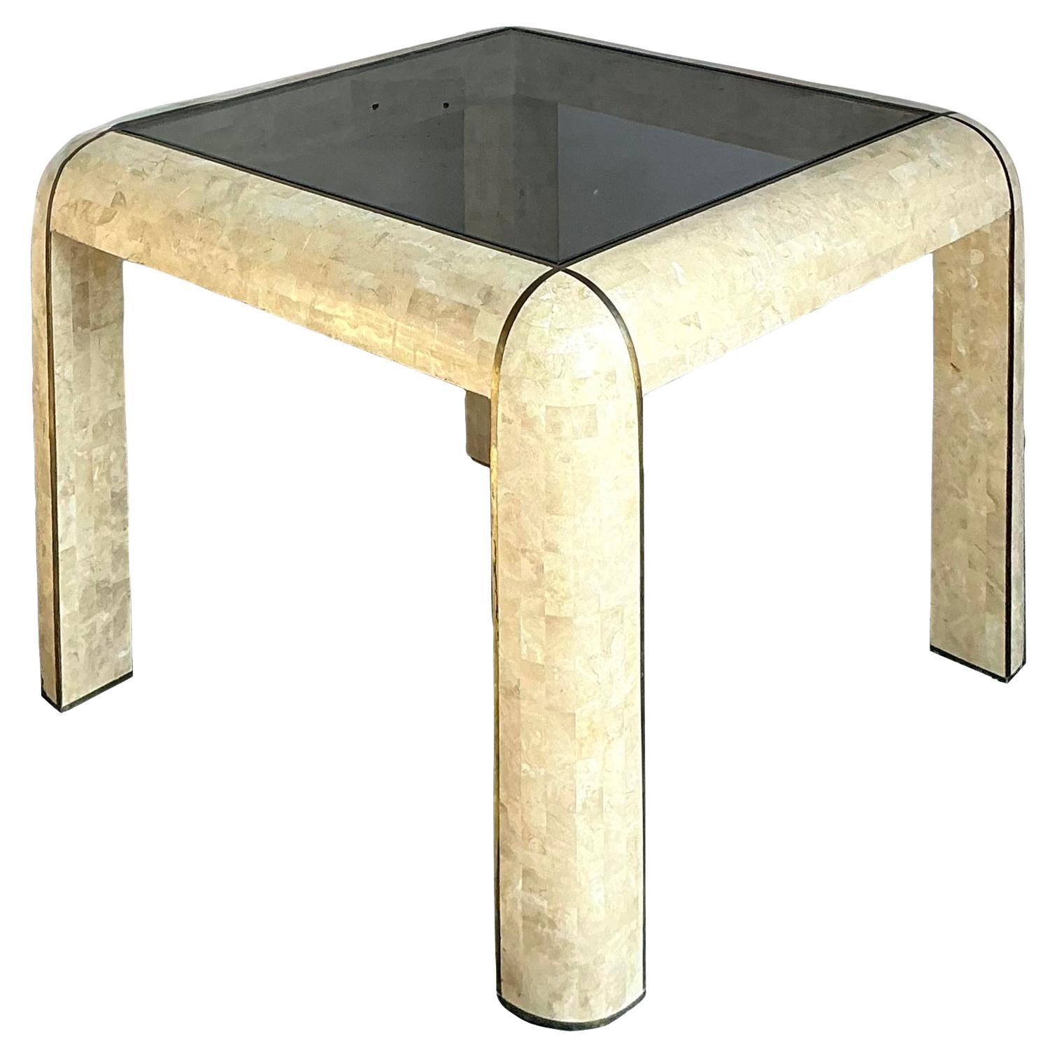 Vintage Boho Tessellated Stone and Brass Inlay Game Table For Sale