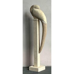 Vintage Boho Tessellated Stone and Pencil Reed Bird on Stand