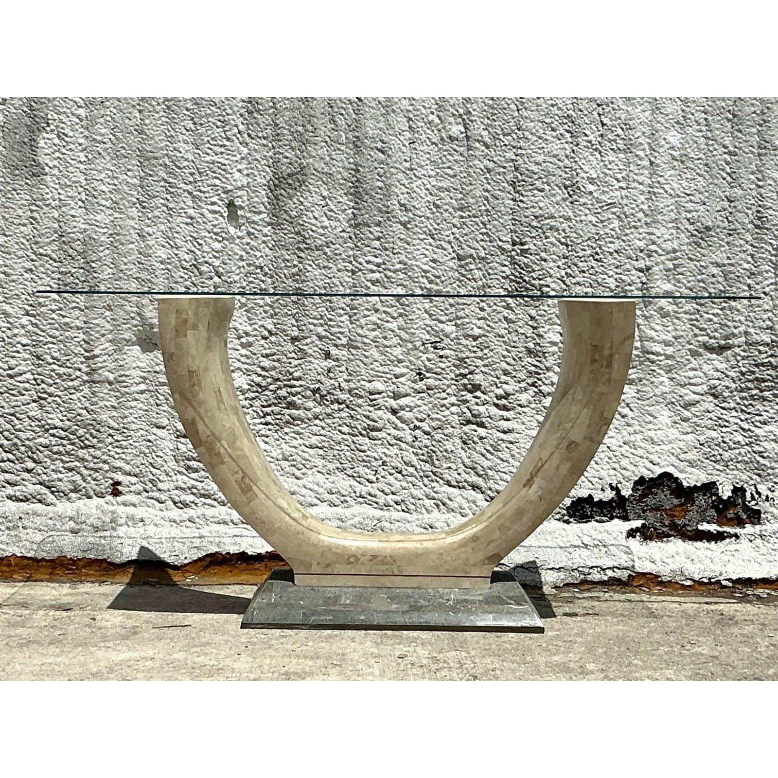 Vintage Boho Tessellated Stone Console Table In Good Condition For Sale In west palm beach, FL