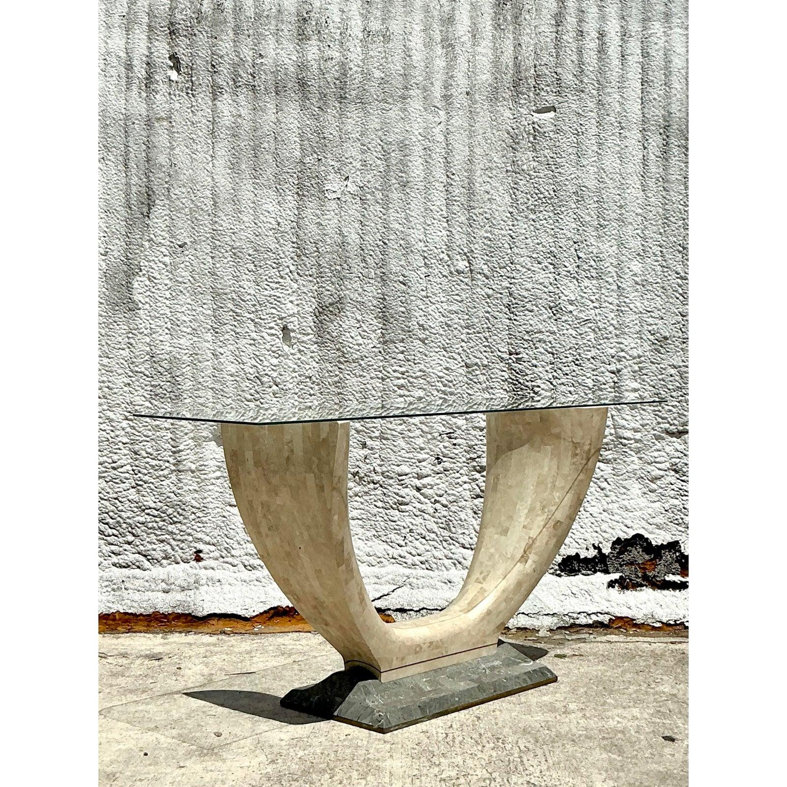 Glass Vintage Boho Tessellated Stone Console Table For Sale
