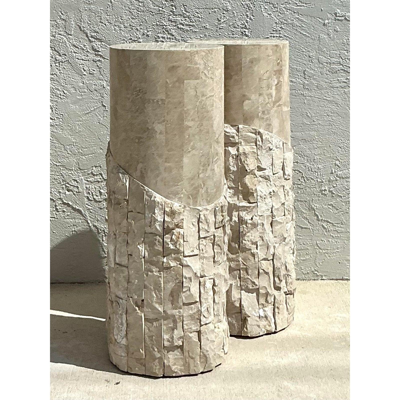 Brutalist Vintage Boho Tessellated Stone Pedestals - A Pair For Sale