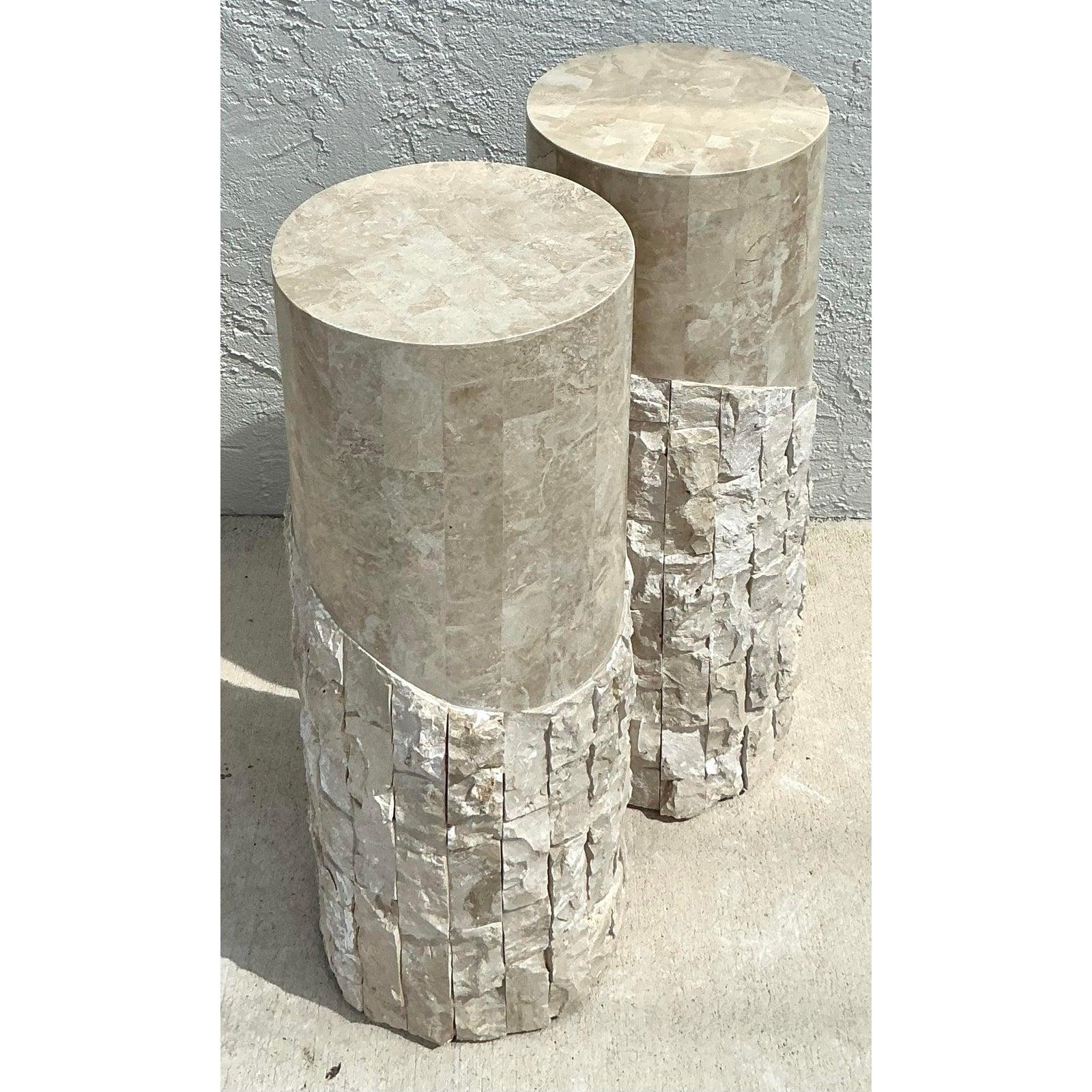20th Century Vintage Boho Tessellated Stone Pedestals - A Pair For Sale