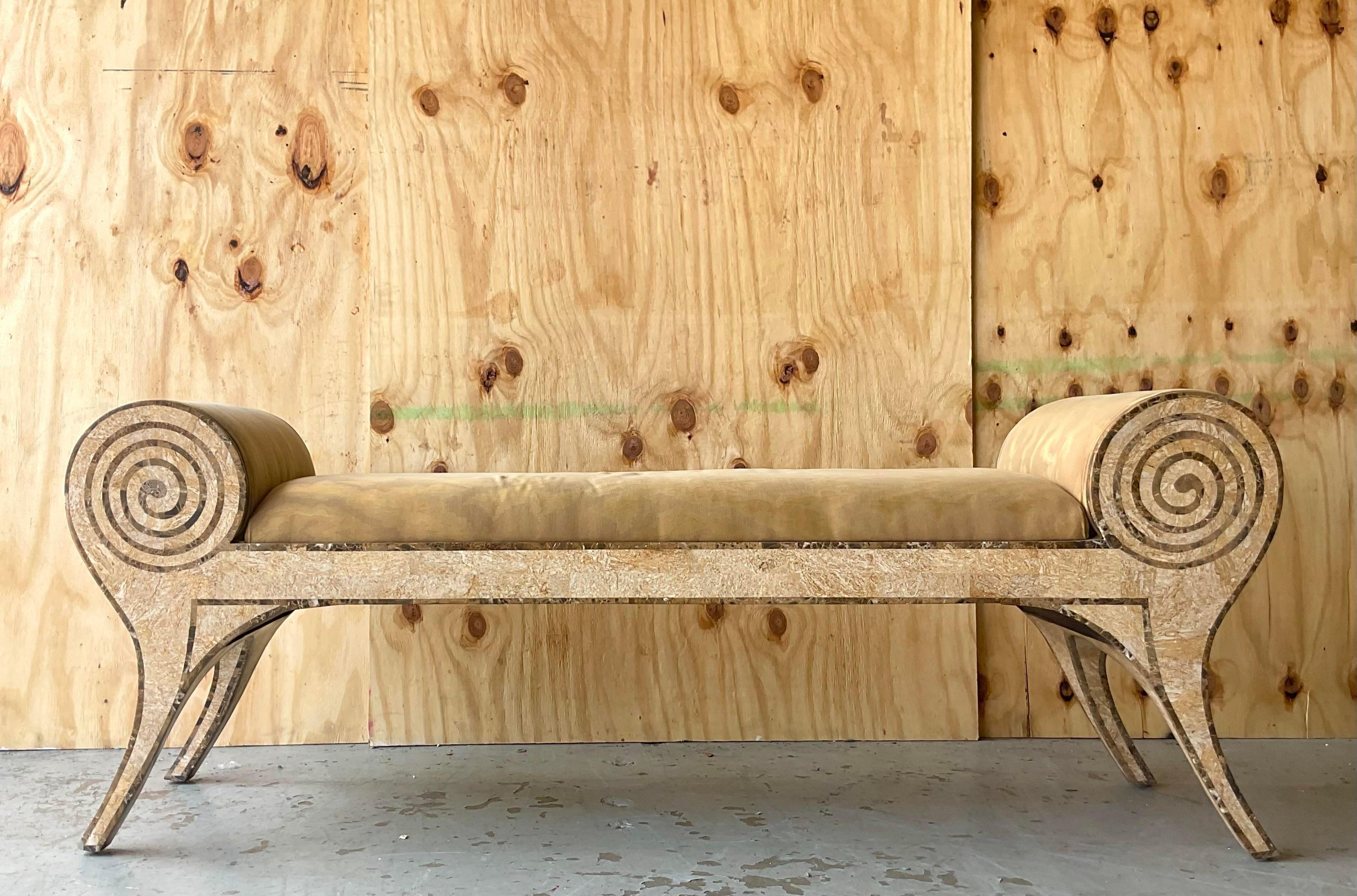 An extraordinary vintage Boho bench. Chic tessellated roll arm shape with inlaid rows of tessellated coconut shell. A special and unique piece. Acquired from a Palm Beach estate.