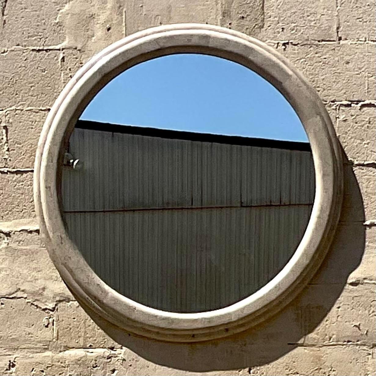 Vintage Boho Tessellated Stone Round Mirror For Sale 2