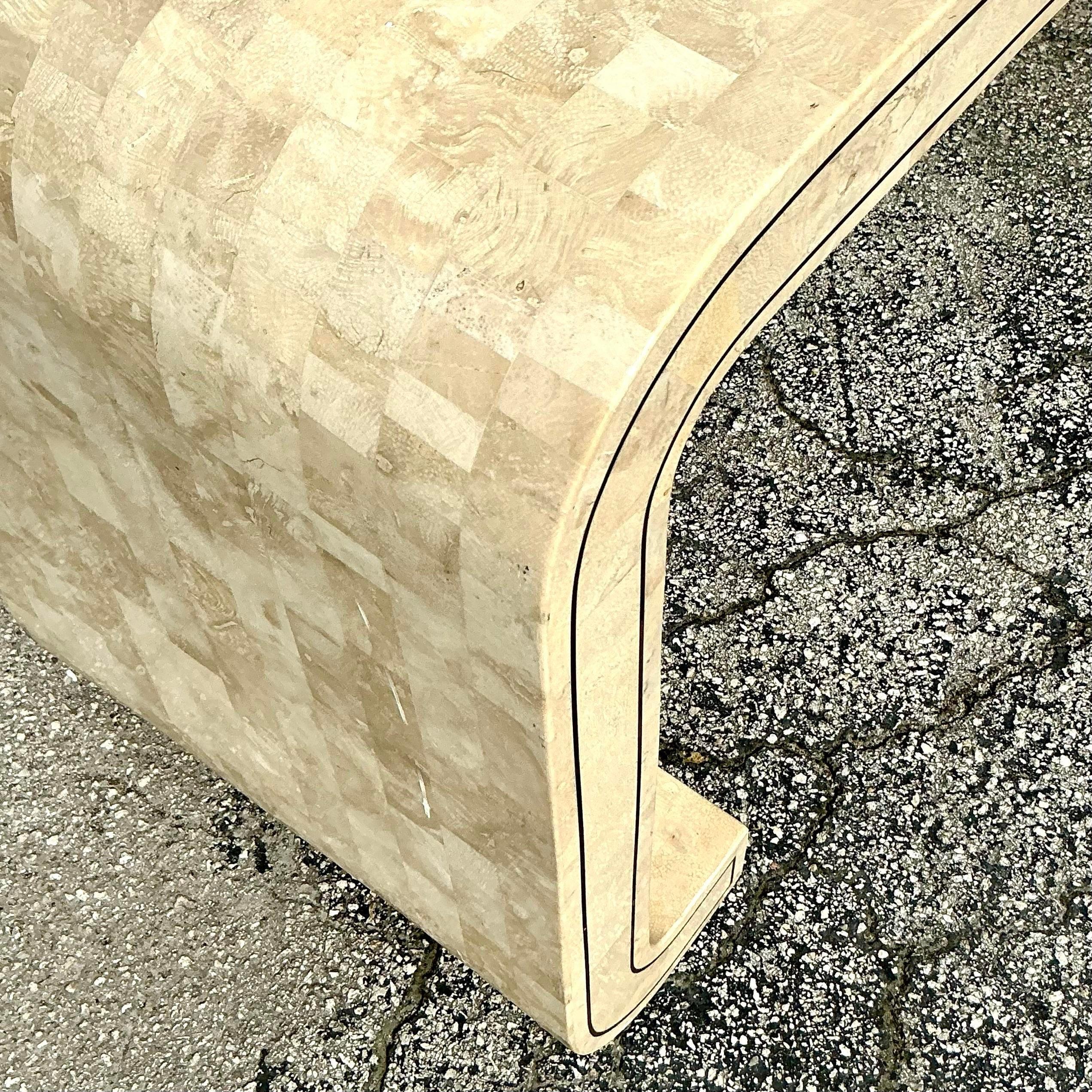Philippine Vintage Boho Tessellated Stone Scroll Console Table For Sale