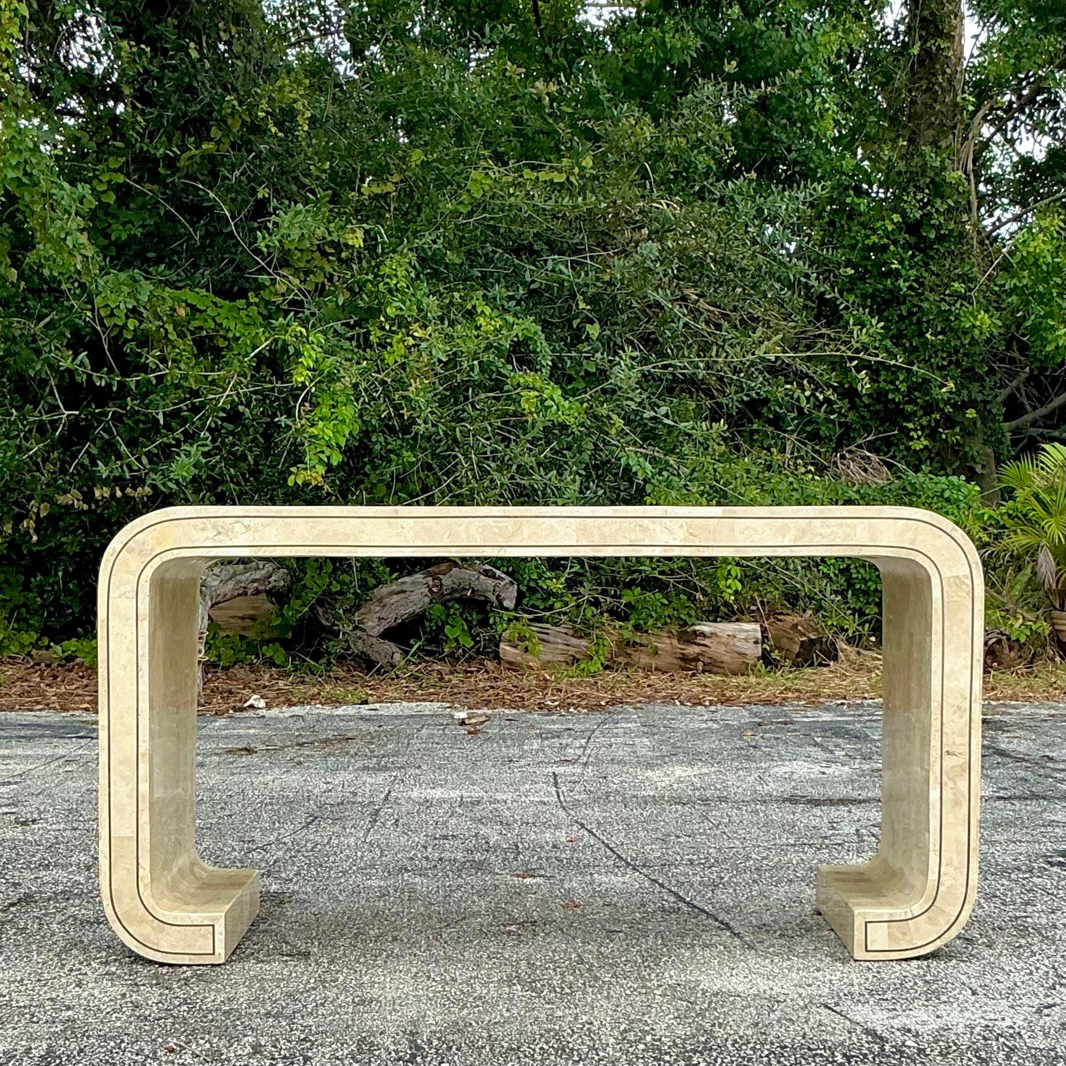 Vintage Boho Tessellated Stone Scroll Console Table In Good Condition For Sale In west palm beach, FL