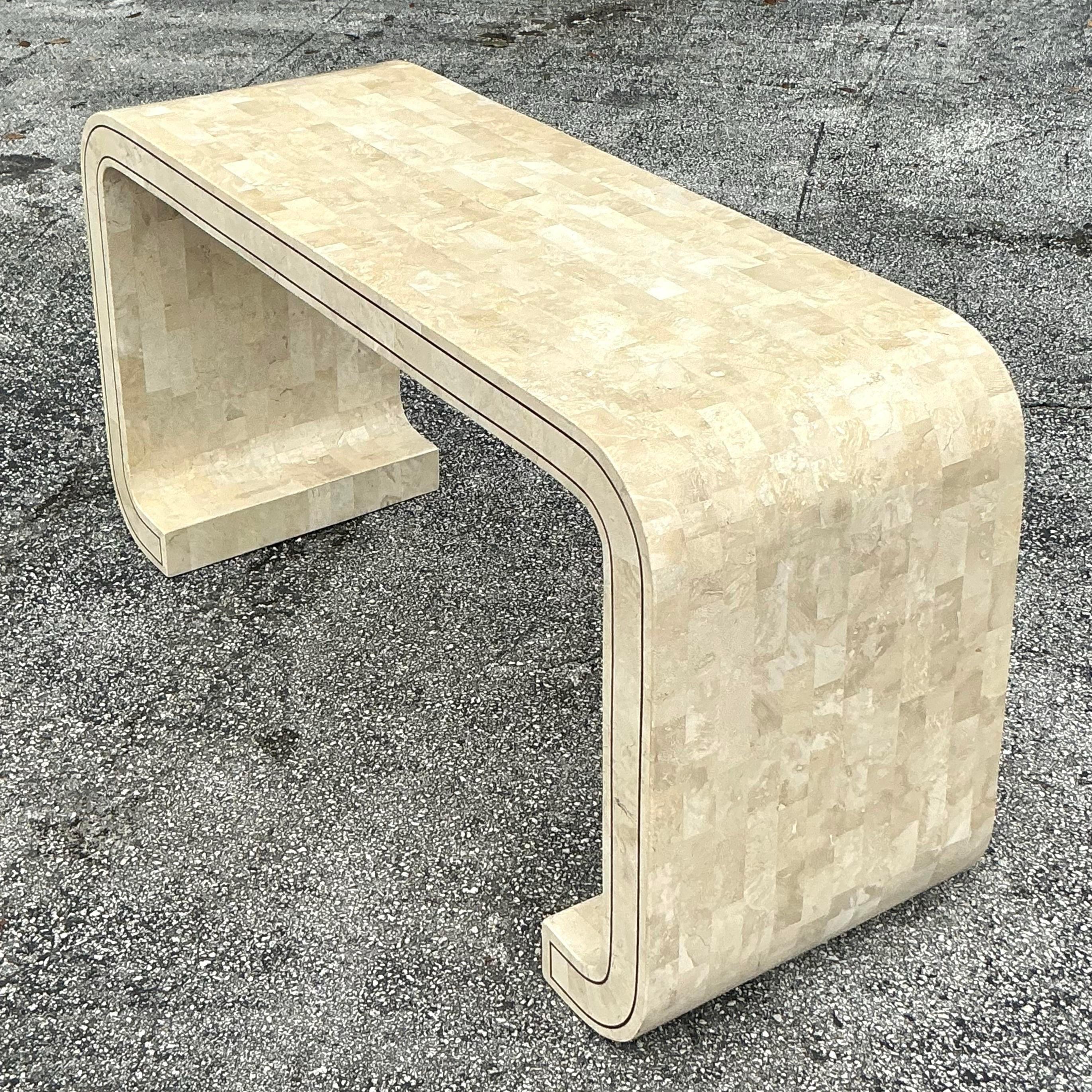 20th Century Vintage Boho Tessellated Stone Scroll Console Table For Sale