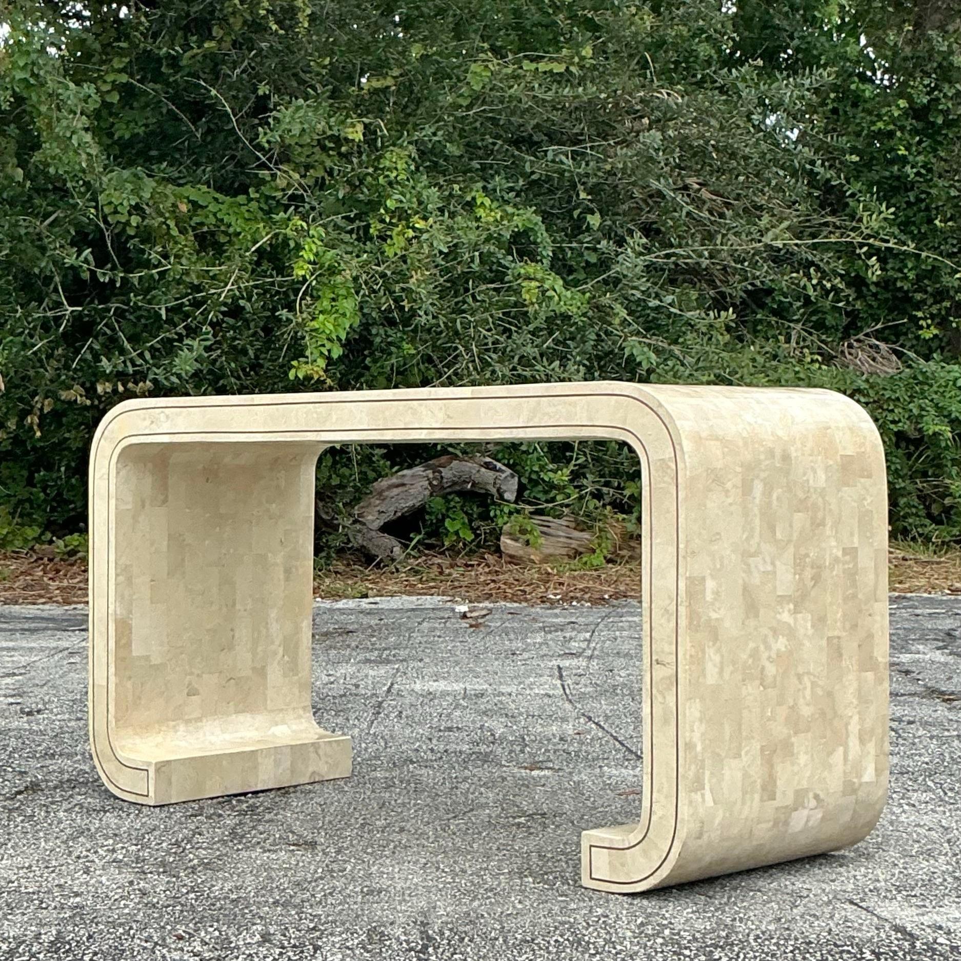 Vintage Boho Tessellated Stone Scroll Console Table For Sale 1