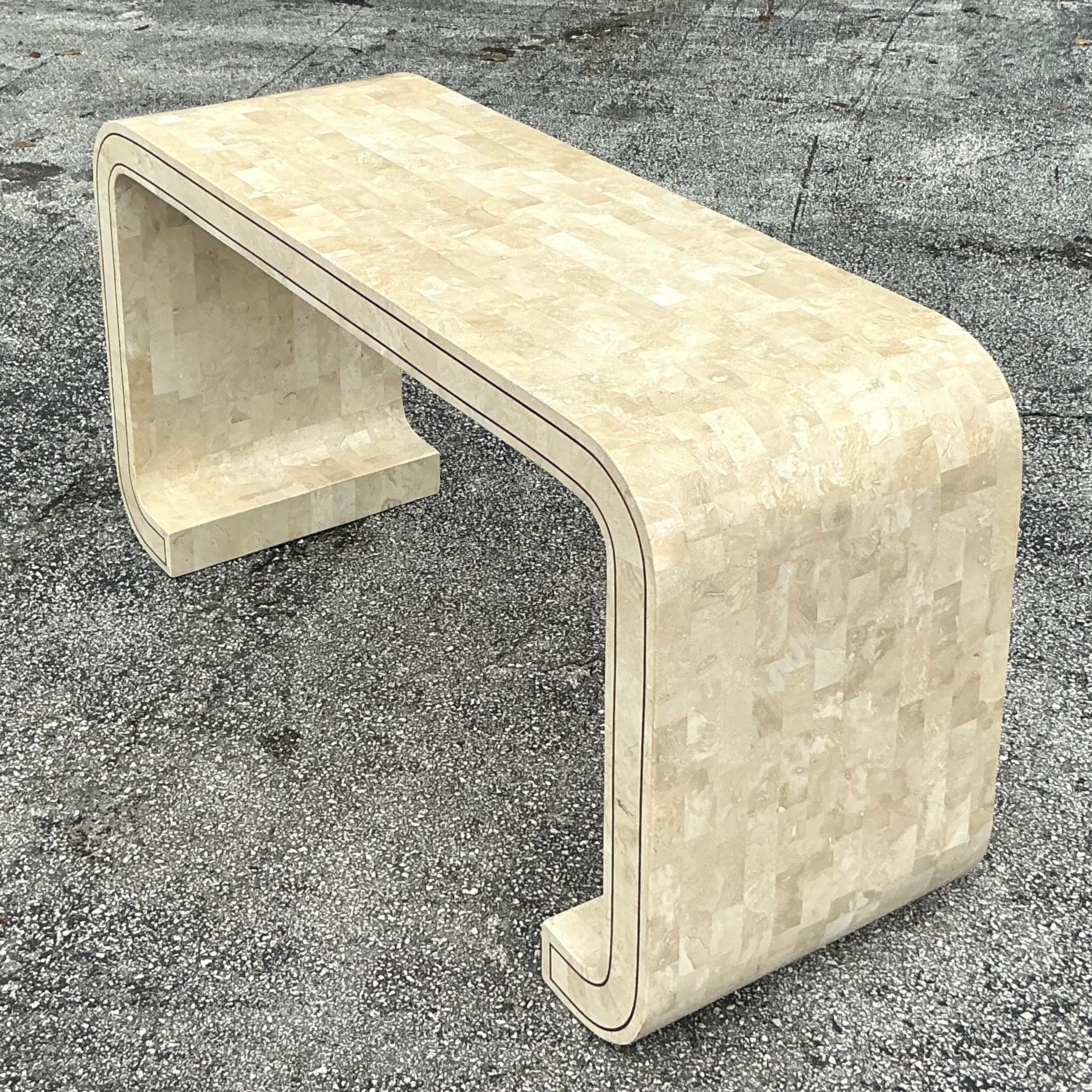 Vintage Boho Tessellated Stone Scroll Console Table For Sale 2