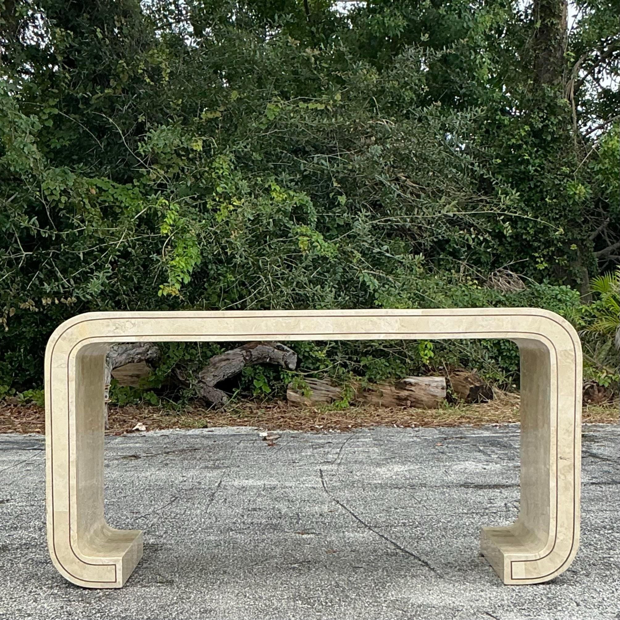 Vintage Boho Tessellated Stone Scroll Console Table For Sale 3