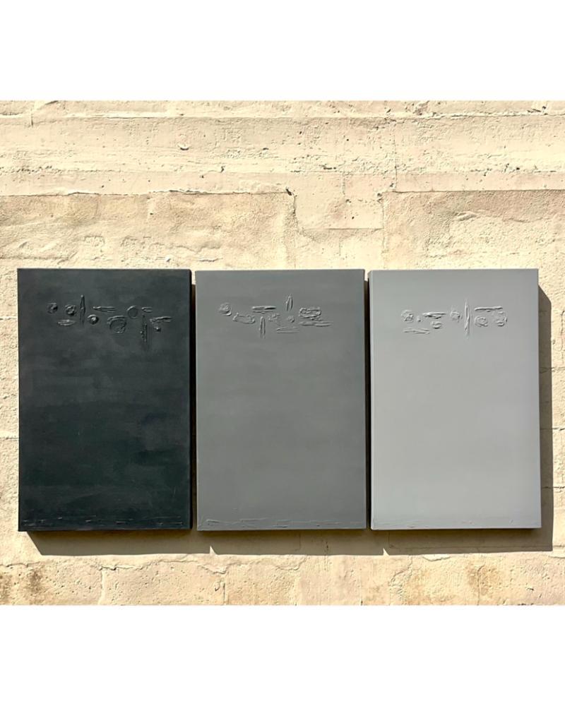 Embrace the timeless allure of Boho with this captivating triptych of original oil paintings on canvas. Each piece exudes textured abstraction, evoking a sense of depth and intrigue. Perfect for adding an eclectic touch to any space, this set