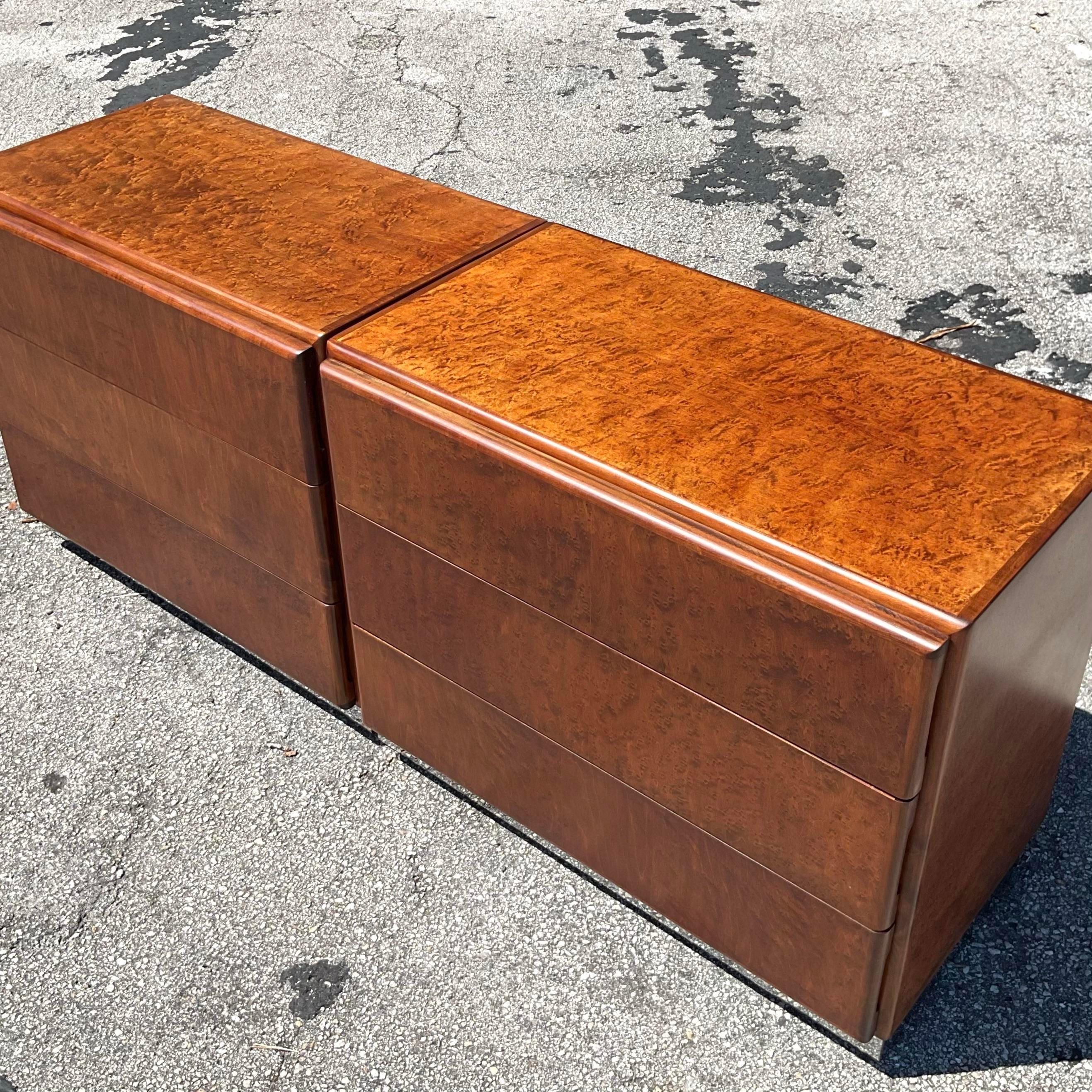 Add a touch of boho-luxe to your bedroom with this stunning pair of Vintage Thayer Coggin Burl Wood Nightstands. Featuring rich burl wood grain and sleek, minimalist lines, these nightstands combine organic beauty with timeless design. Perfectly