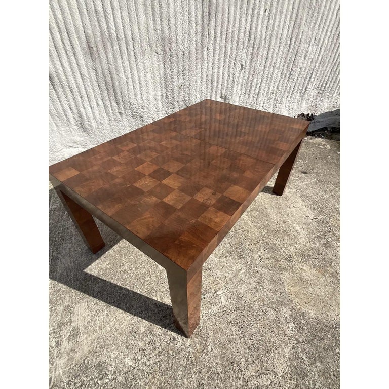 Vintage Boho Thayer Coggin Checkerboard Burl Wood Dining Table For Sale 7