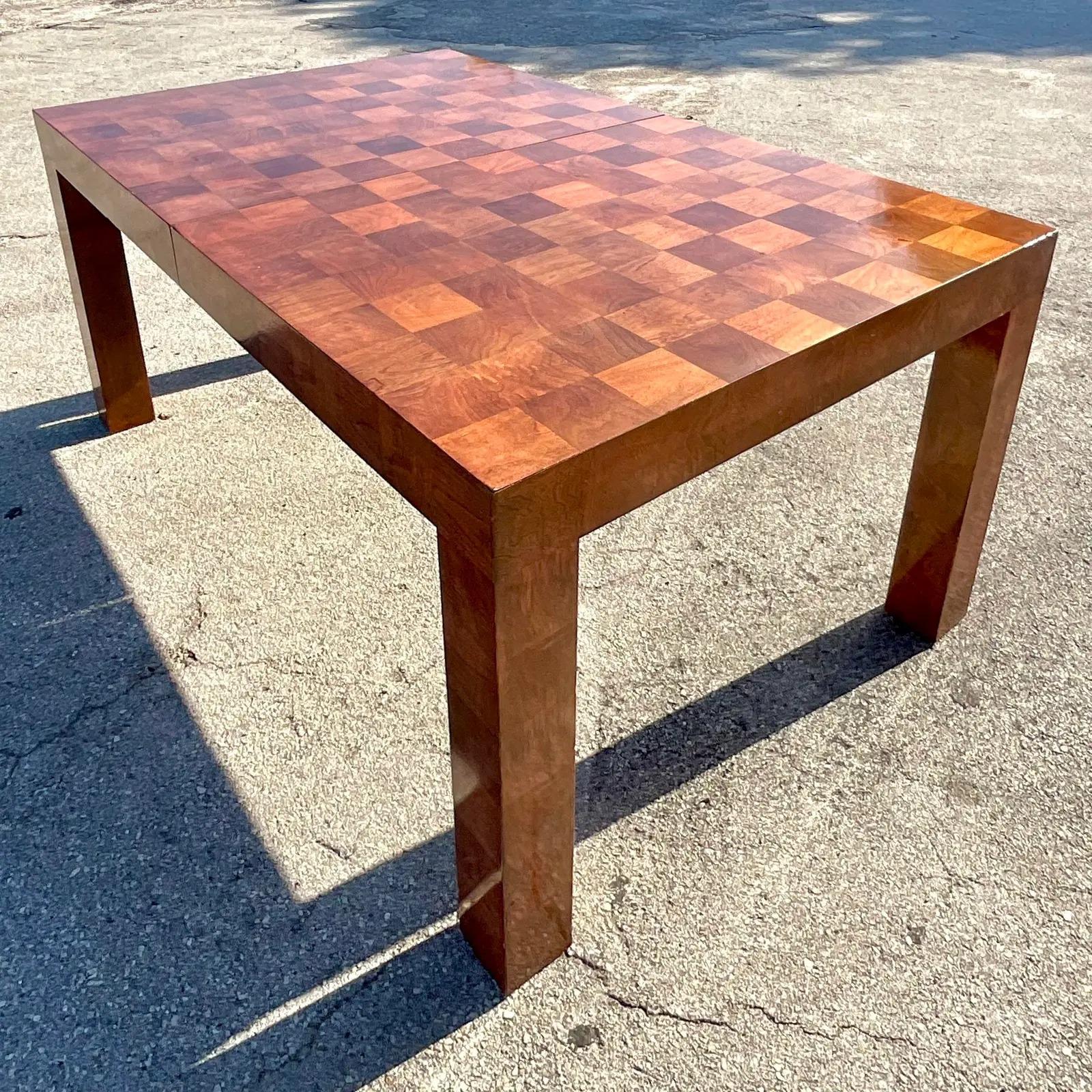Vintage Boho Thayer Coggin Checkerboard Burl Wood Dining Table In Good Condition In west palm beach, FL