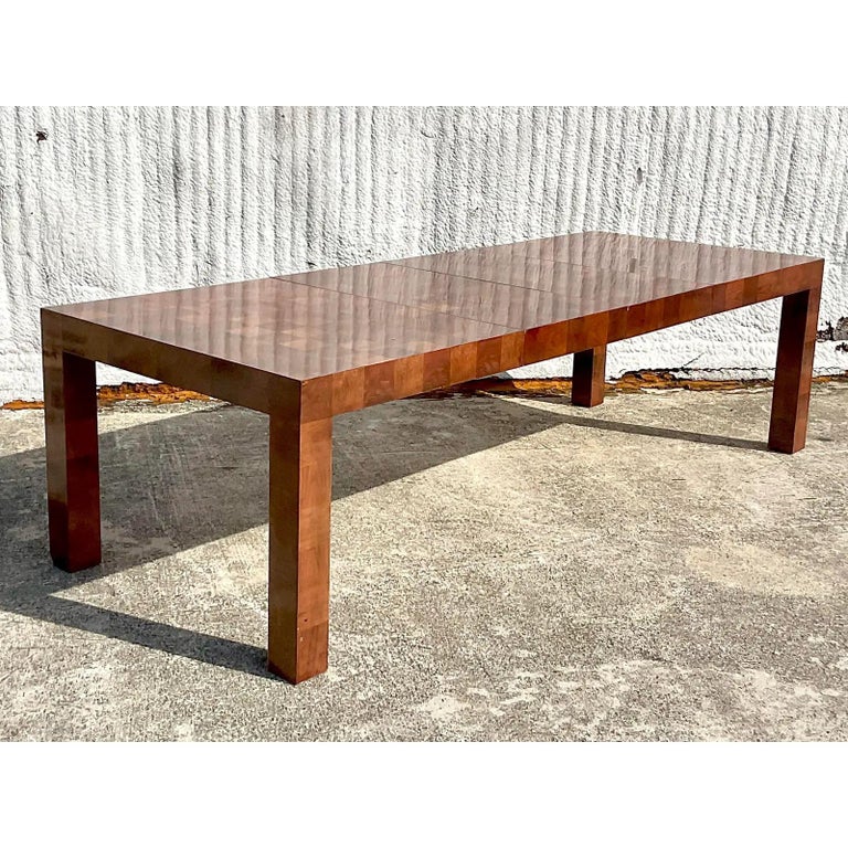 Vintage Boho Thayer Coggin Checkerboard Burl Wood Dining Table For Sale 4