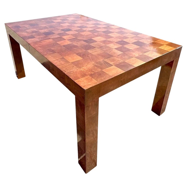 Vintage Boho Thayer Coggin Checkerboard Burl Wood Dining Table For Sale