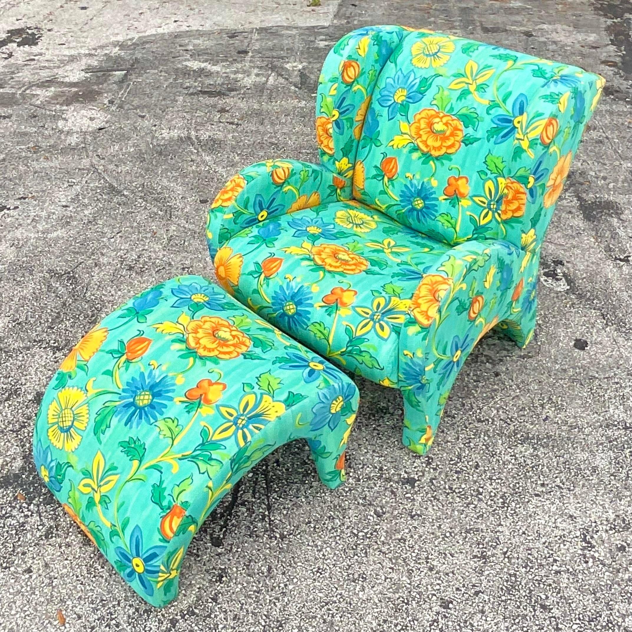 Vintage Boho Thayer Coggin Floral Chair and Ottoman Set In Good Condition For Sale In west palm beach, FL