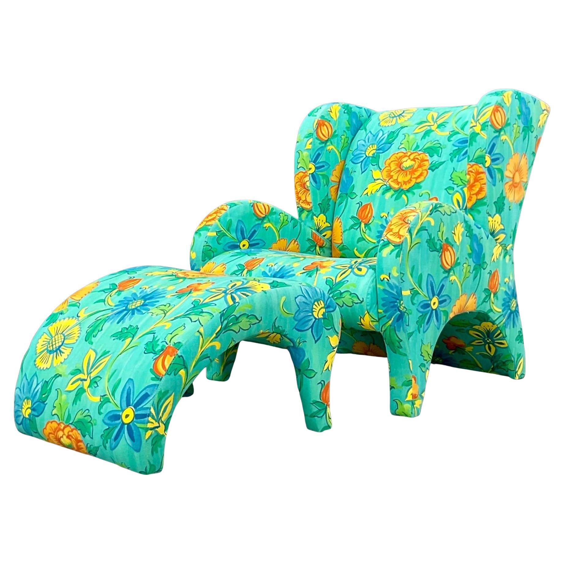 Vintage Boho Thayer Coggin Floral Chair and Ottoman Set For Sale